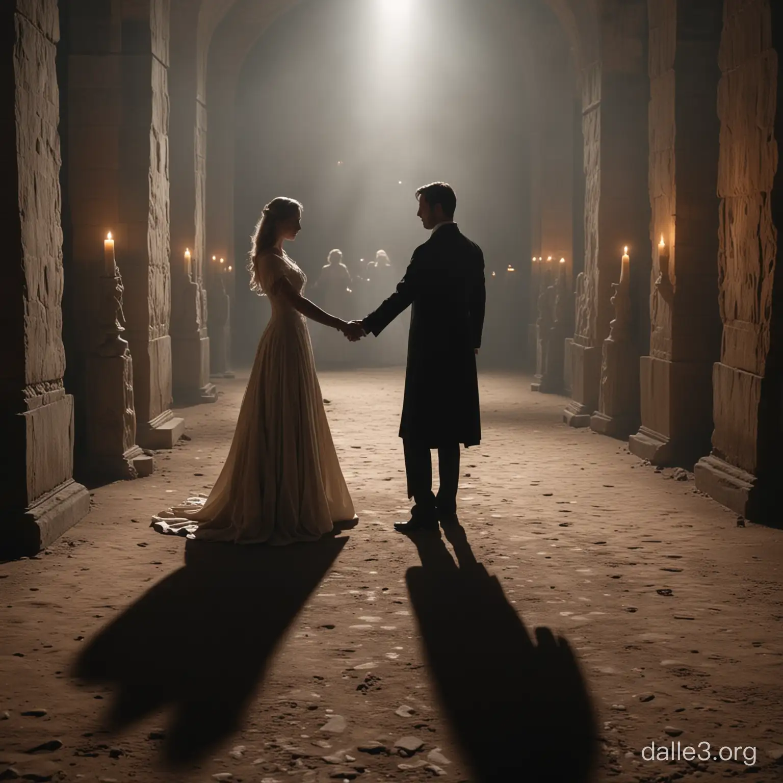 Eere atmosphere, big dark hall, candles, dancing shadows, man and woman in beautiful dress standing still in front of eachother, people look like monuments, waltz, cathatonia, stoned faces