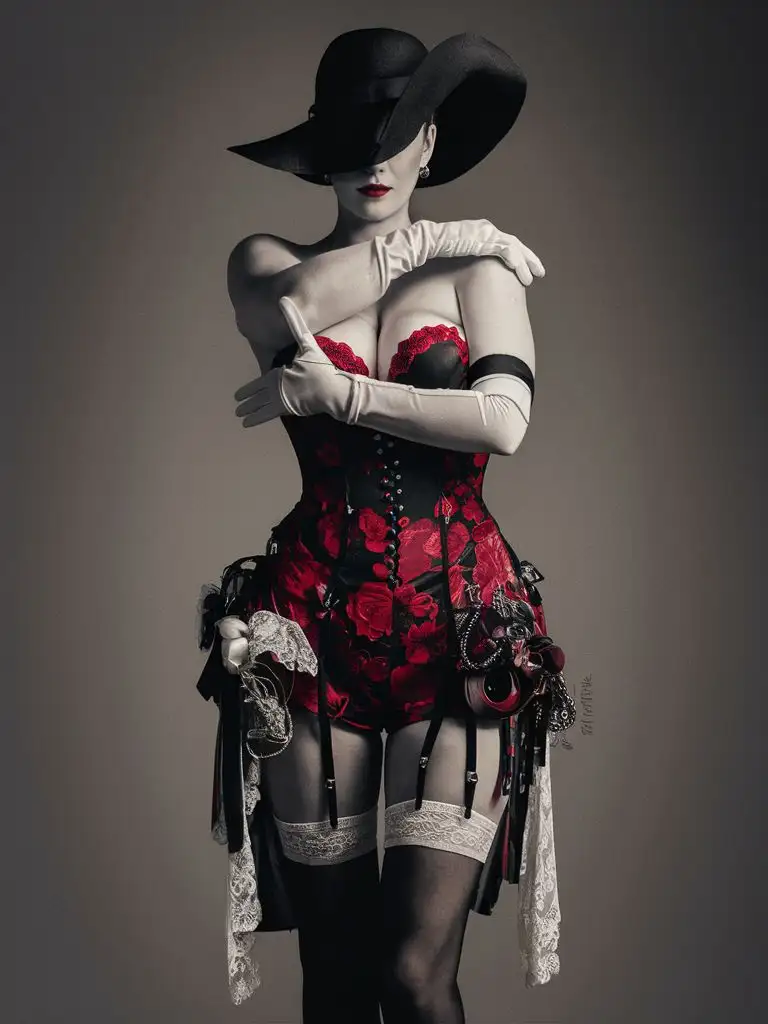 mysterious European woman in full growth, nice plump body shapes, shoulders opening, huge chest, On her a red little floral short dress. long white gloves, black stockings, lace and other elements, wide hat covering the face. femininity and the essence of a dangerous image.. professional photo