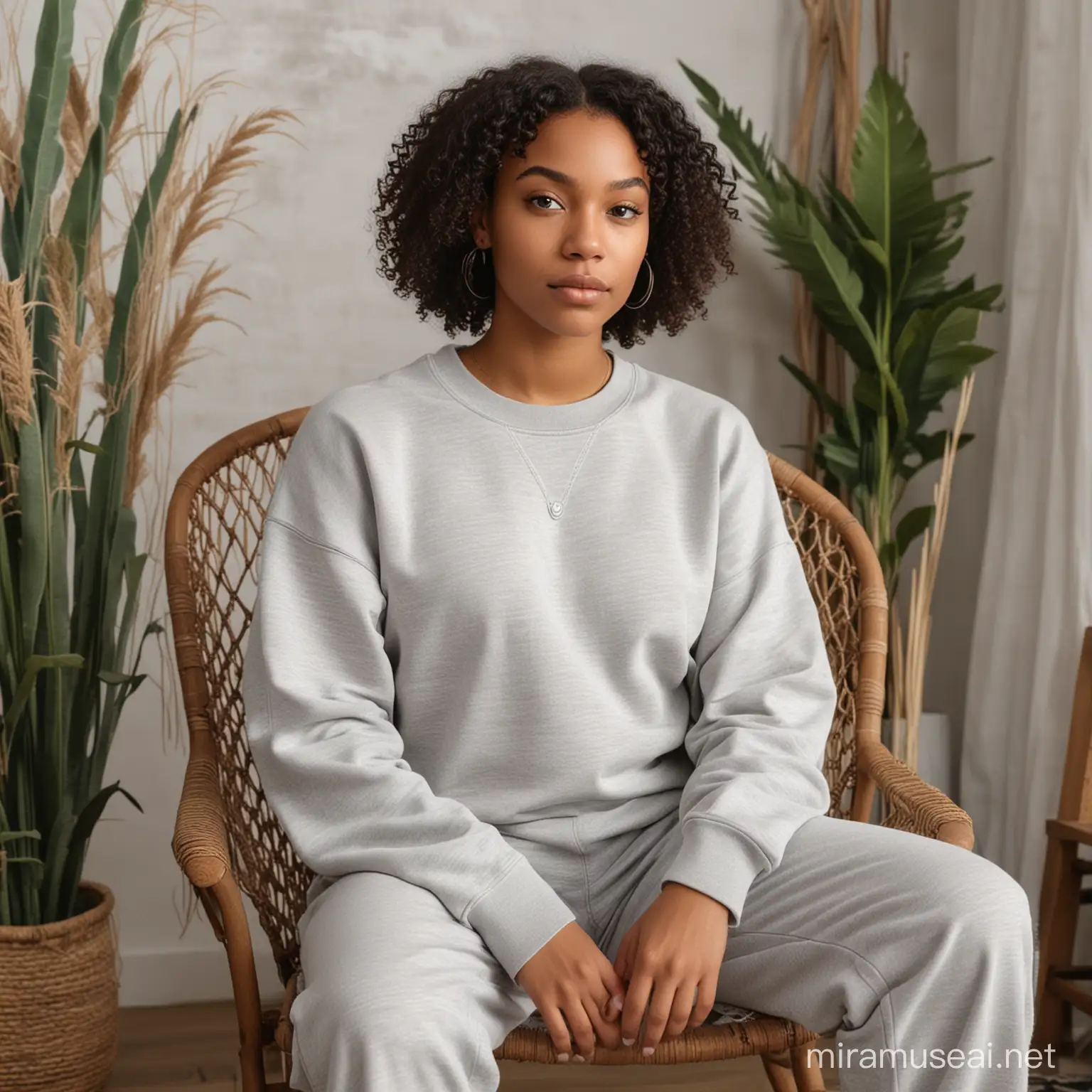 young black women, wearing a light grey crewneck sweatshirt, boho background, sitting down on a chair, facing the camera, 