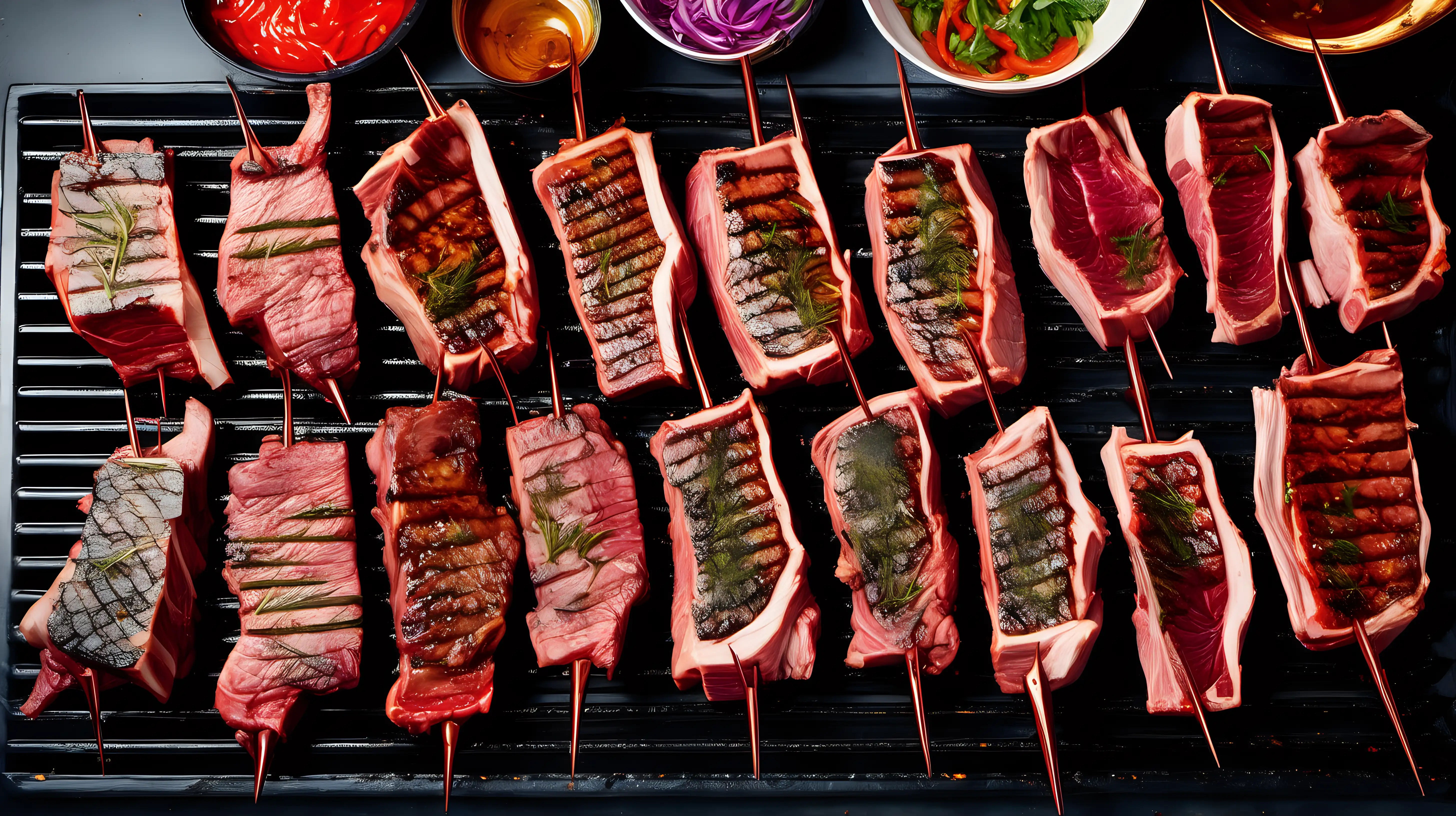 Zoom in on the marinated meat being carefully placed on the grill, showcasing the vibrant colors and textures before they transform into mouthwatering perfection.