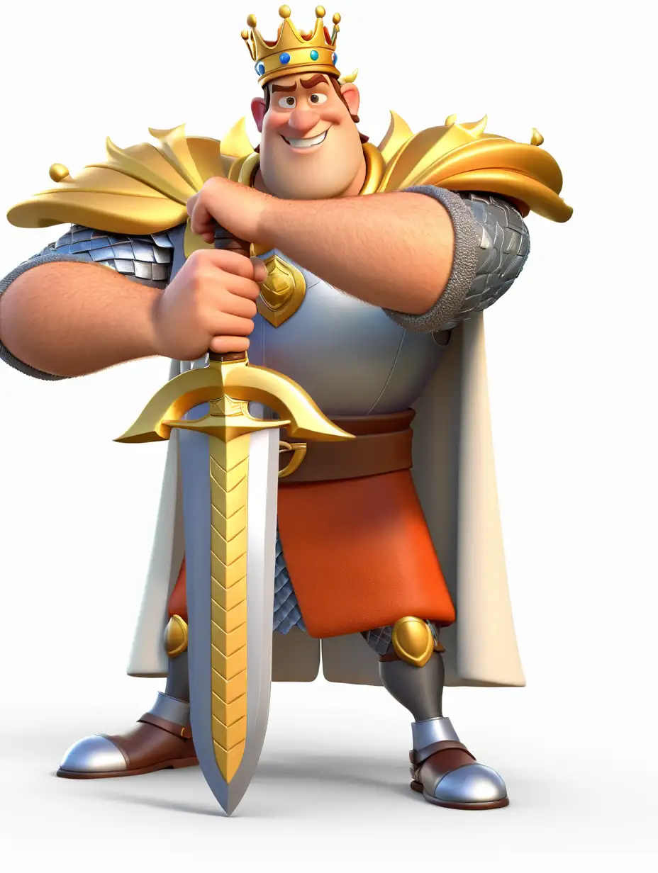 3D cartoon, happy king holding a sword with one hand and a crown on his head with the other hand, in the style of Pixar character in full body, white background, soft colors, very detailed, high resolution