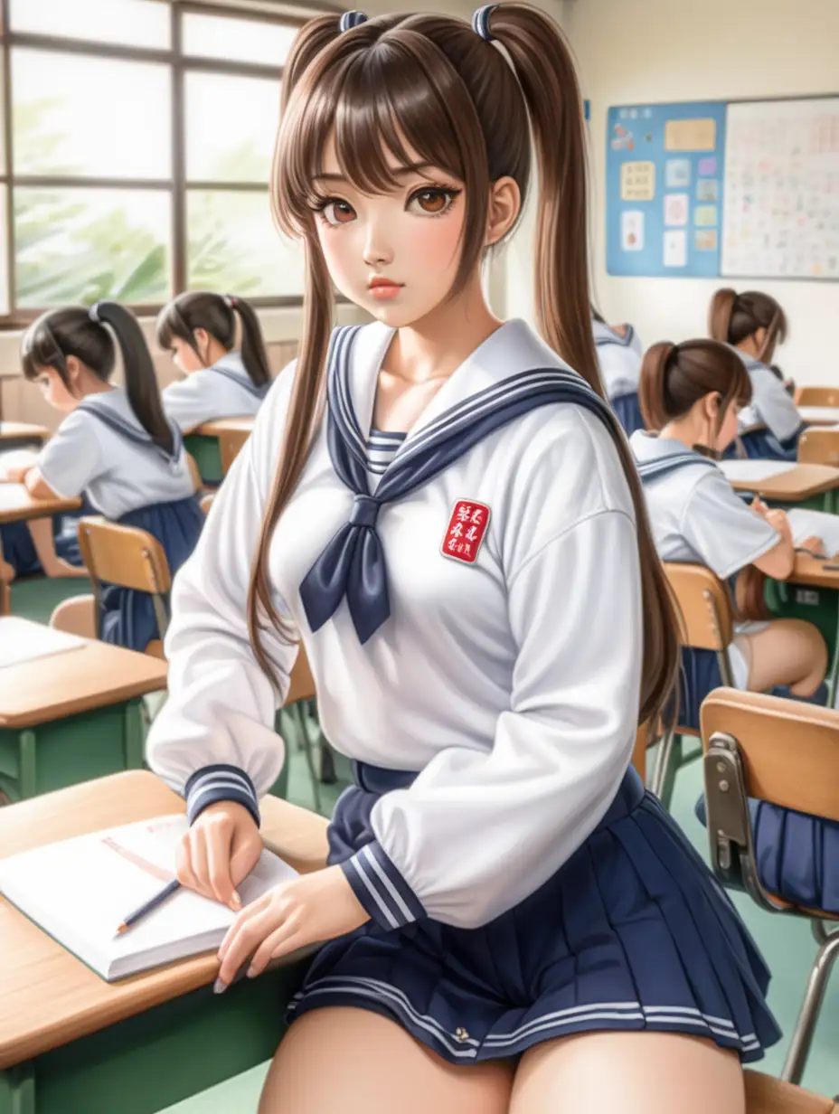 画一个日本女人，身材微胖，梳着一个高马尾，穿着海魂衫，大腿略粗，神情高冷，在教室