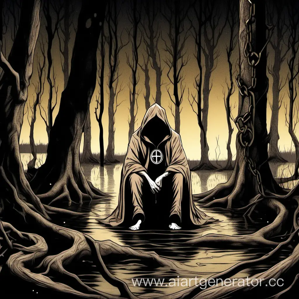 Человек в темно бежевой мантии сидит в ночном лесу облокотившись о Дерево. Его лица не видно. Рядом болото в которое опущенны его босые ноги, а в руке цепочка с неизвестным символом