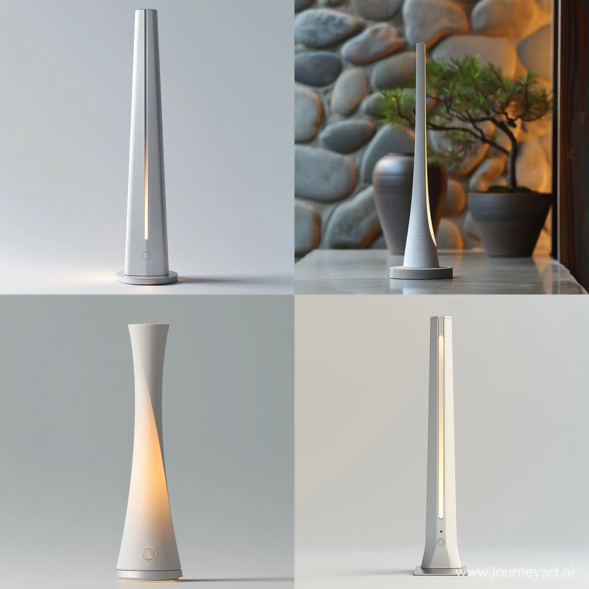 "Imagine  a slender, stand-alone energy gateway with a slight taper towards the top, inspired by Japanese minimalism. The base is made of sustainable aluminium, while the body is constructed from recycled plastics, finished in white or light gray. Standing 30 cm tall with a base diameter of 8 cm, this device features soft LED lighting for notifications and a laser-engraved logo on the aluminium base. It serves as a central hub for smart home devices, simplifying energy management with a touch of Zen-inspired elegance, blending seamlessly into eco-conscious homes."realistic style