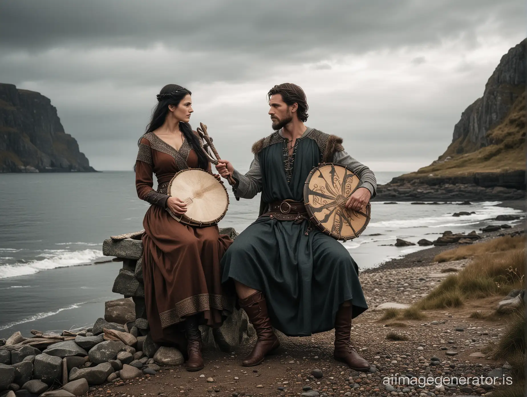 A slender dark haired man wearing a Viking tunic, he is with a dark haired Norse woman, he is holding a hand drum and she is holding a small lyre. They sit on the shores of an empty isle