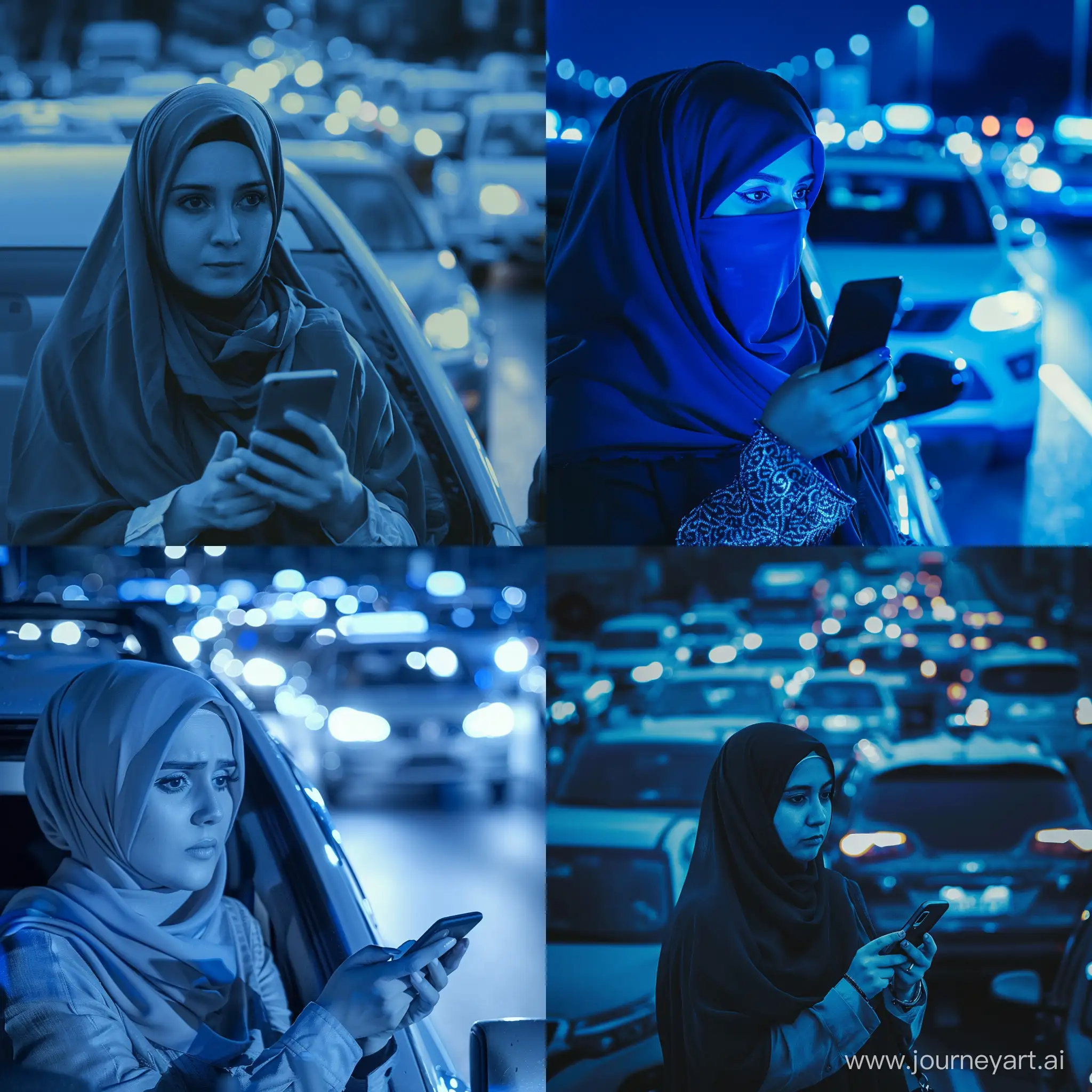 realistic blue-toned picture of a woman wearing hijab stuck in traffic jam ordering with mobile phone