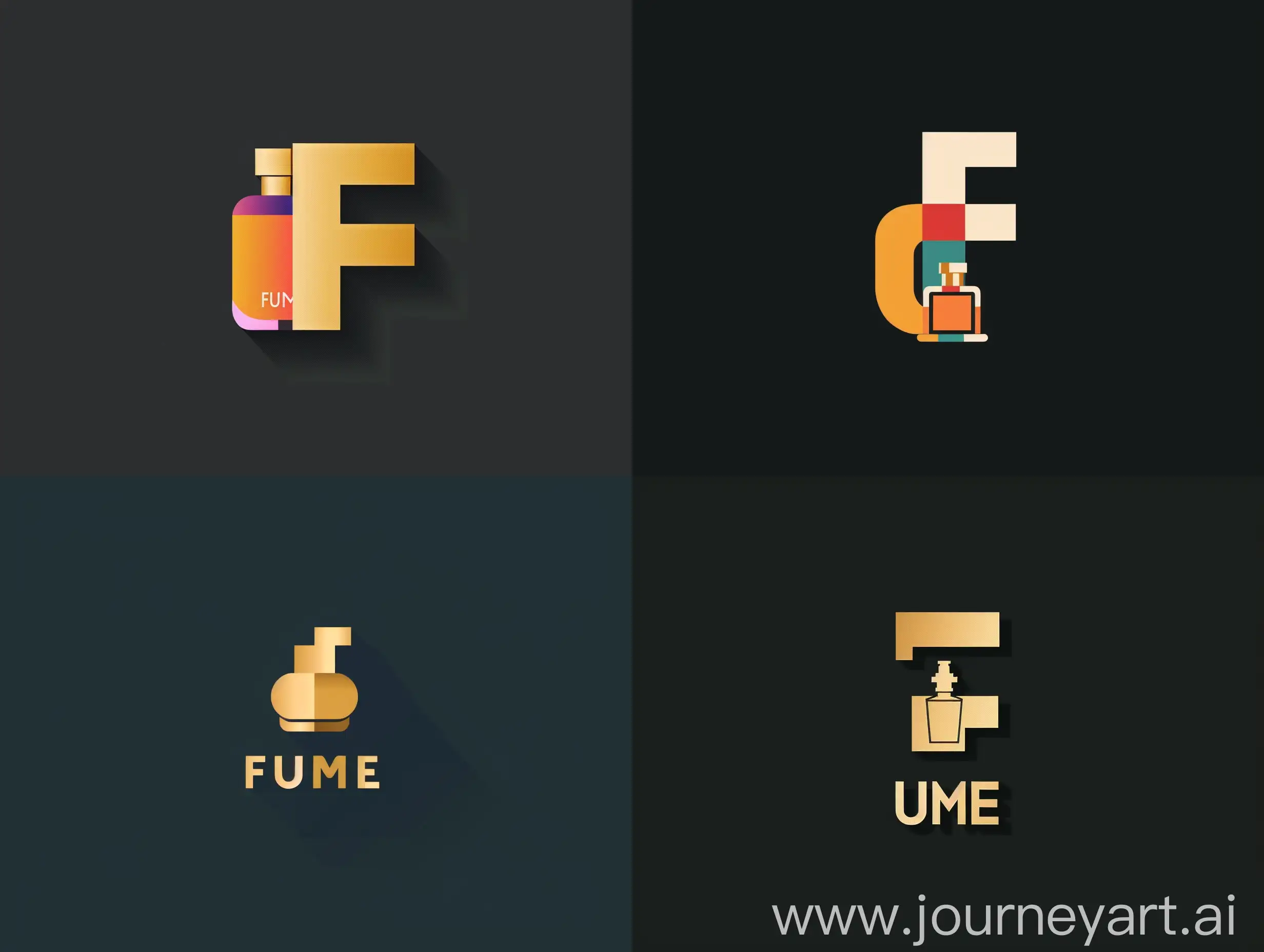 create a simple unique modern logo for luxury perfume shop, letter "F" shape and perfume bottle, solid colors, brand title is FUME, 4K, high resolution.
