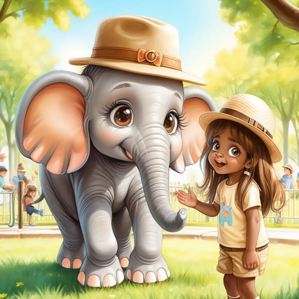 girl elephant with cute big eyes wearing hat with long hair playing withbrown children on a sunny day in the park