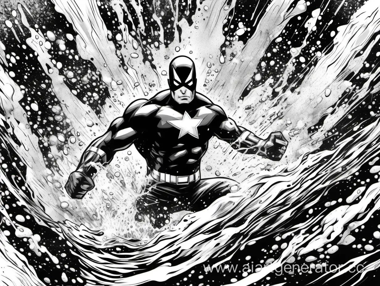 черно-белый всплеск воды в стиле комиксов Marvel вид сверху