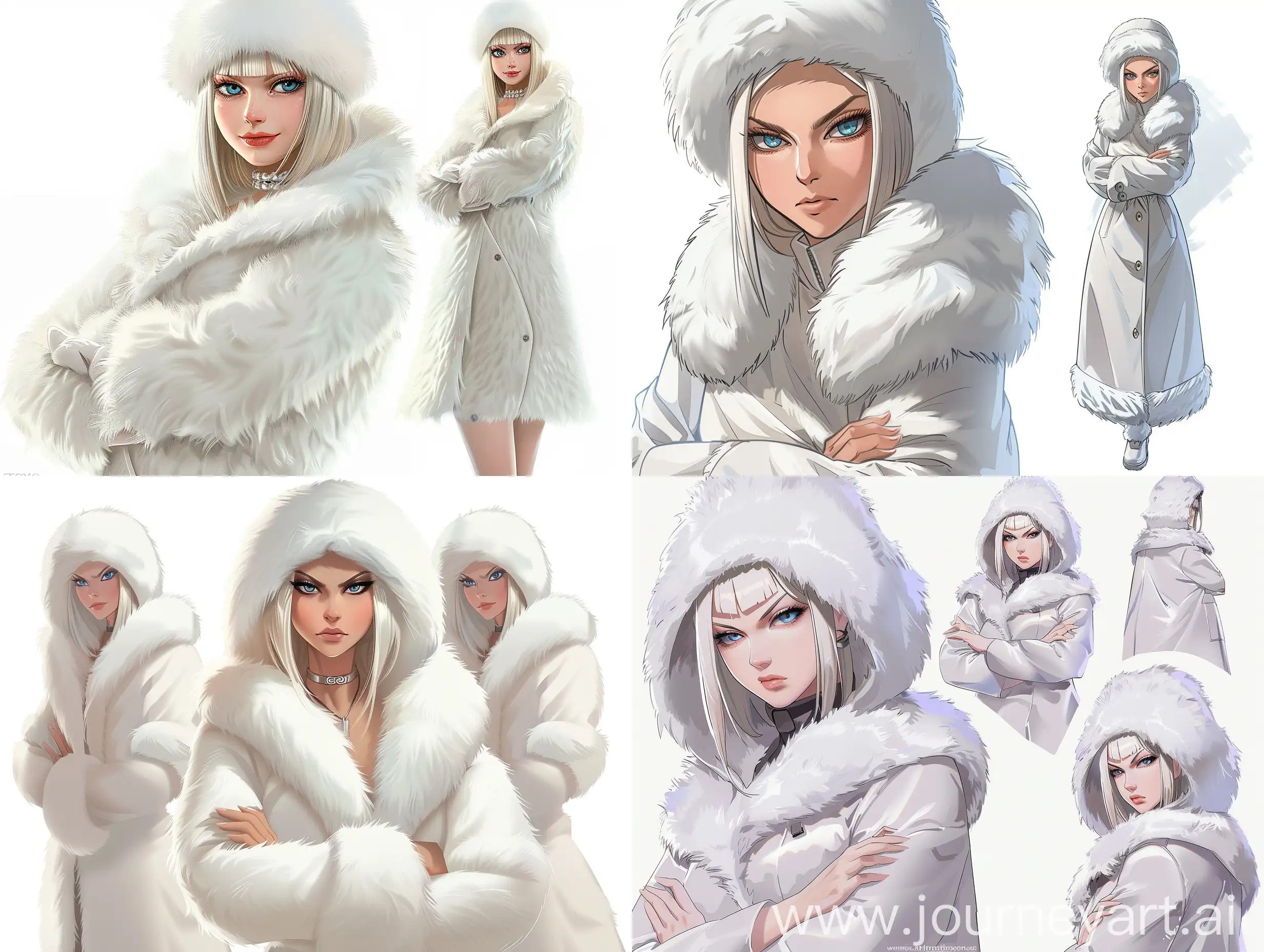 adult woman, arrogant look, rich in appearance, Russian appearance, shoulder-length straight blonde hair, white fur hat, blue eyes, dressed in a white fluffy fur coat completely covering her, shown in full height with her arms crossed, on a white background, in different directions concept art, anime style