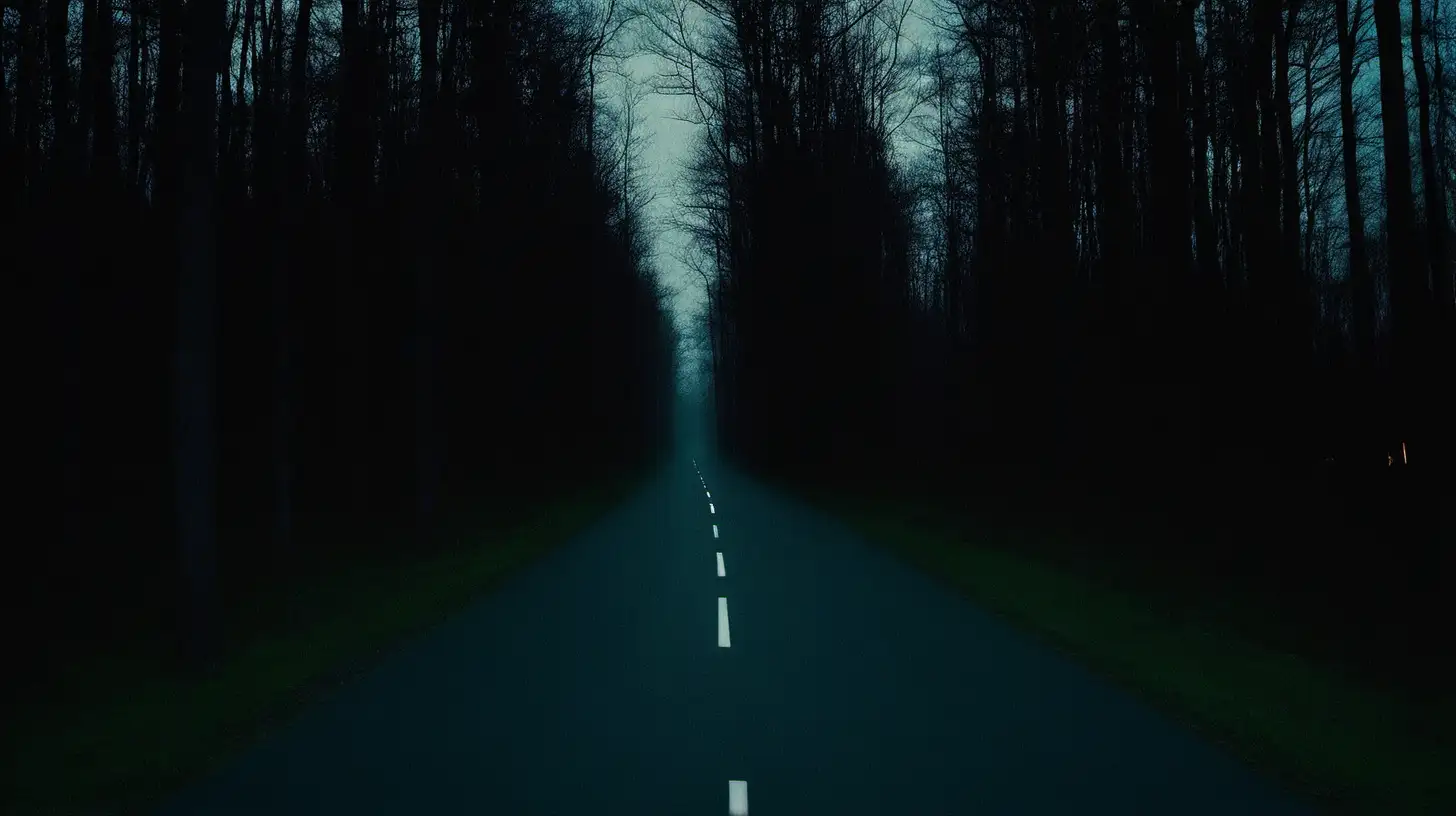 A road in a forest in the middle of the night