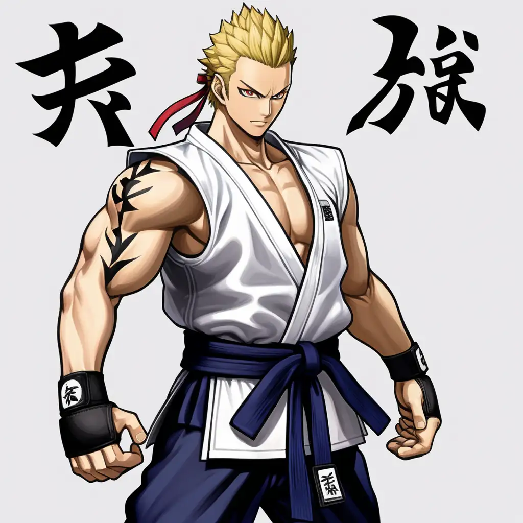 Physical Build: Ryuji has a lean yet muscular physique, honed from years of dedicated martial arts training. He stands at around 6 feet tall, with a well-proportioned build that reflects both strength and agility.

Facial Features: His face is chiseled and defined, with sharp angles that convey a sense of intensity. Ryuji has piercing, almond-shaped eyes that are usually focused and alert, reflecting his disciplined mindset. His eyebrows are thick and often furrowed in concentration.

Hair: Ryuji's hair is jet black and kept short, usually styled in a neat and practical manner. He may have a slight stubble or clean-shaven appearance, depending on the depiction, adding to his no-nonsense demeanor.

Attire: In battle, Ryuji typically wears a traditional martial arts gi, consisting of a white, lightweight top with a black belt tied securely around his waist. His pants match the top and are loose-fitting, allowing for ease of movement during combat. Additionally, he may wear hand wraps or gloves to protect his hands during fights.

Accessories: Ryuji may carry various martial arts accessories such as forearm guards, ankle wraps, or a headband with a kanji symbol representing his martial arts philosophy.

Scars or Tattoos: Depending on his backstory, Ryuji may have subtle scars or tattoos that hint at his past struggles and experiences. These markings could add depth to his character and serve as visual storytelling elements.