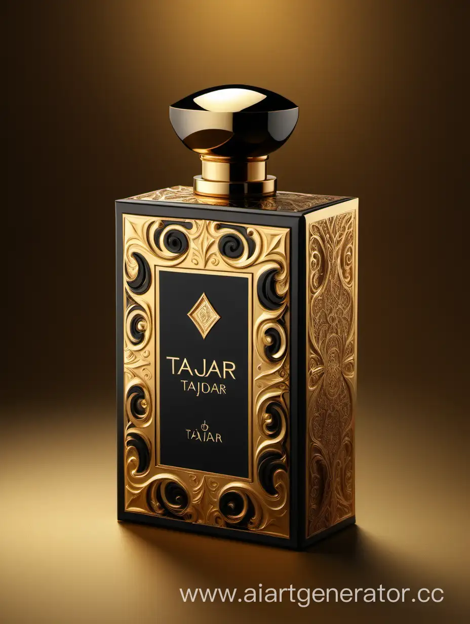 Box package design of perfume TAJDAR product, elegant, trending on artstation,   sharp focus,   studio photo,   intricate details,   highly detailed,   gold, Royal black and beige color on gold background