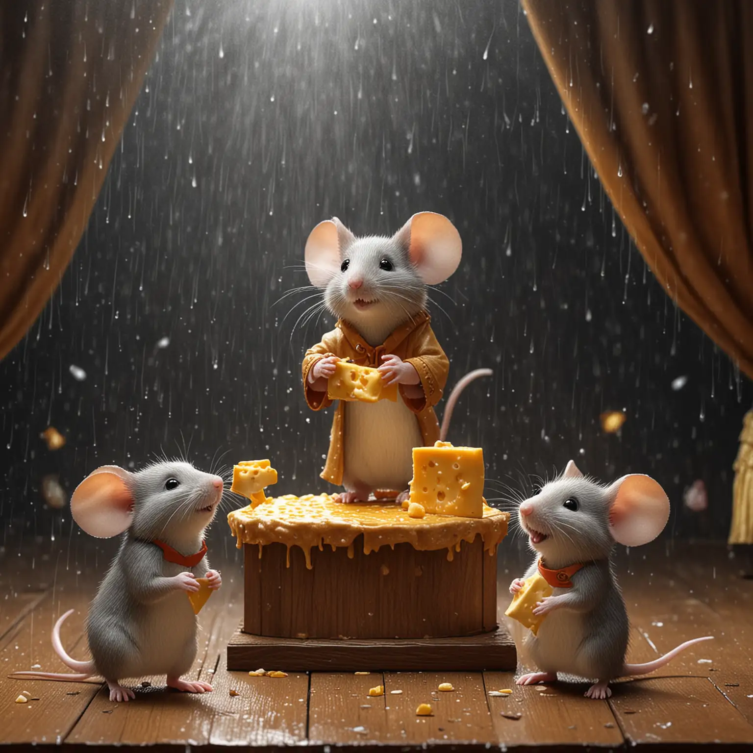 Mouse Family Theater Performance in Rainy Setting