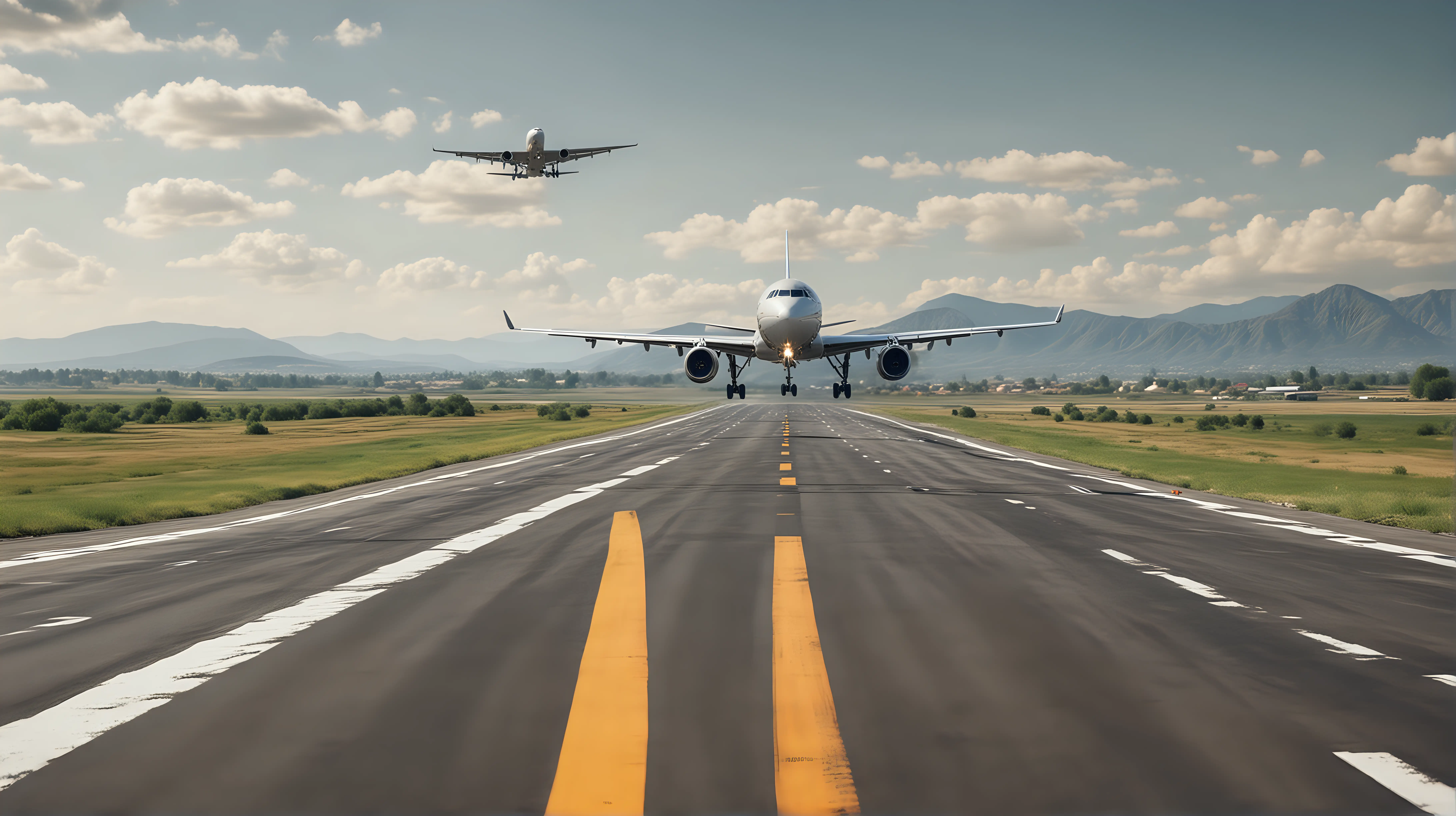 landscape photo background of airplane about to land on landing strip high resolution, High Quality, Ultra High Resolution, photography, photo realistic, Photography Digital Background, perfect composition,  no people, no model, 35mm photograph, film, professional, 4k, highly detailed