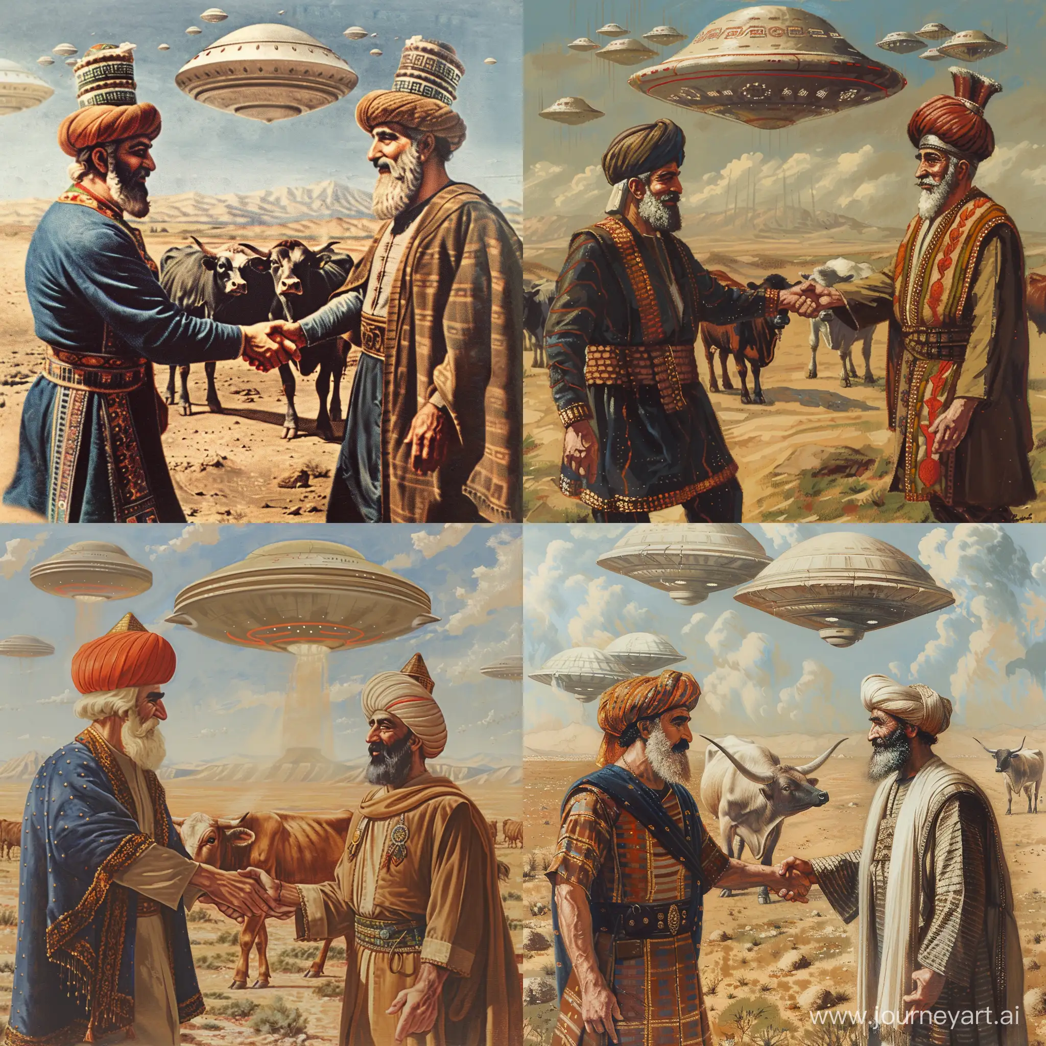 cyrus the great achaemenid empire is shaking Nader Shah Afshar hands and both are smiling, in a desert,lofi,ufos background is trying to take a cow up,--q2,--ar7:4