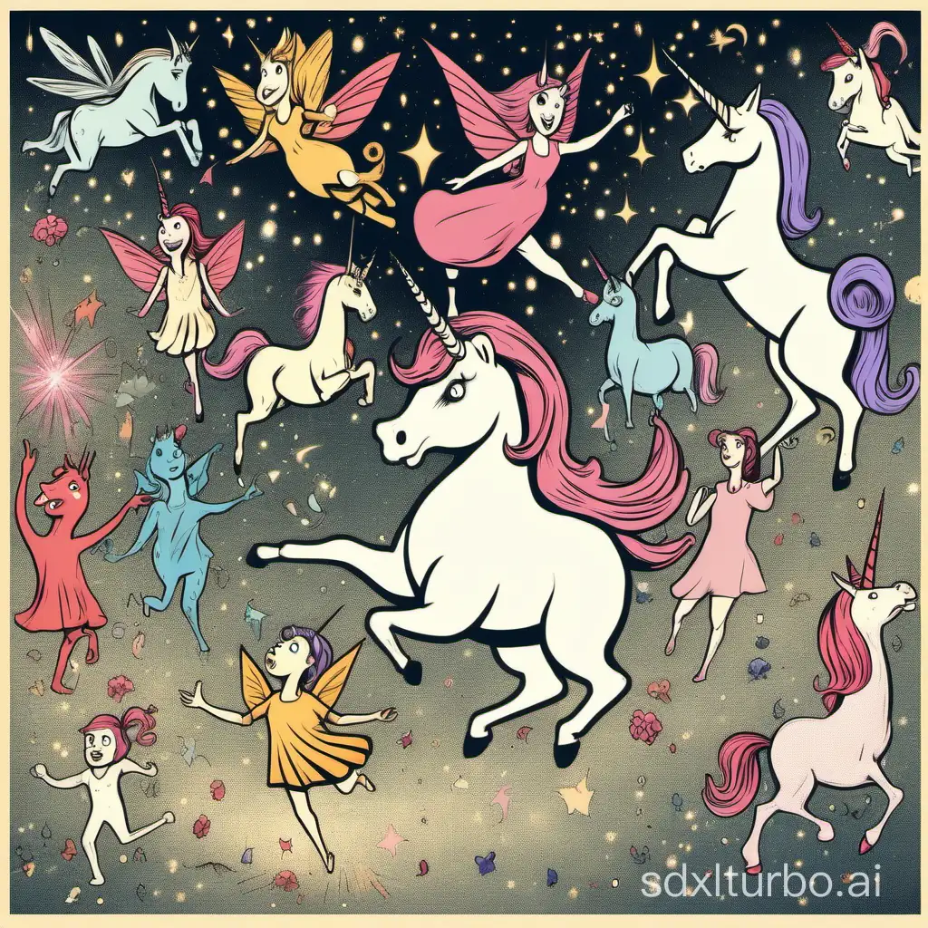 Whimsical-Scene-with-Cartoon-Characters-Fairy-Dust-and-Prancing-Unicorns