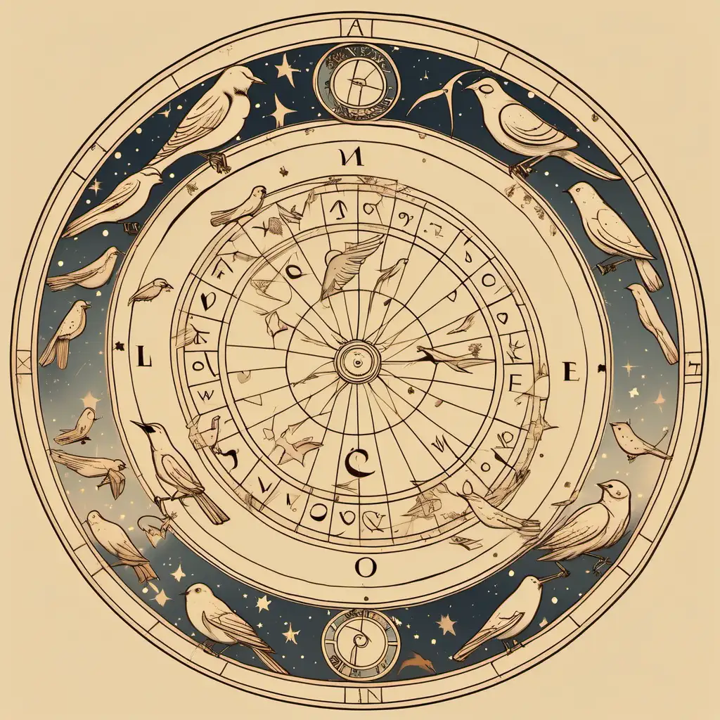 astrological wheel, birds, flying love letters around the wheel , loose lines, muted colors, 