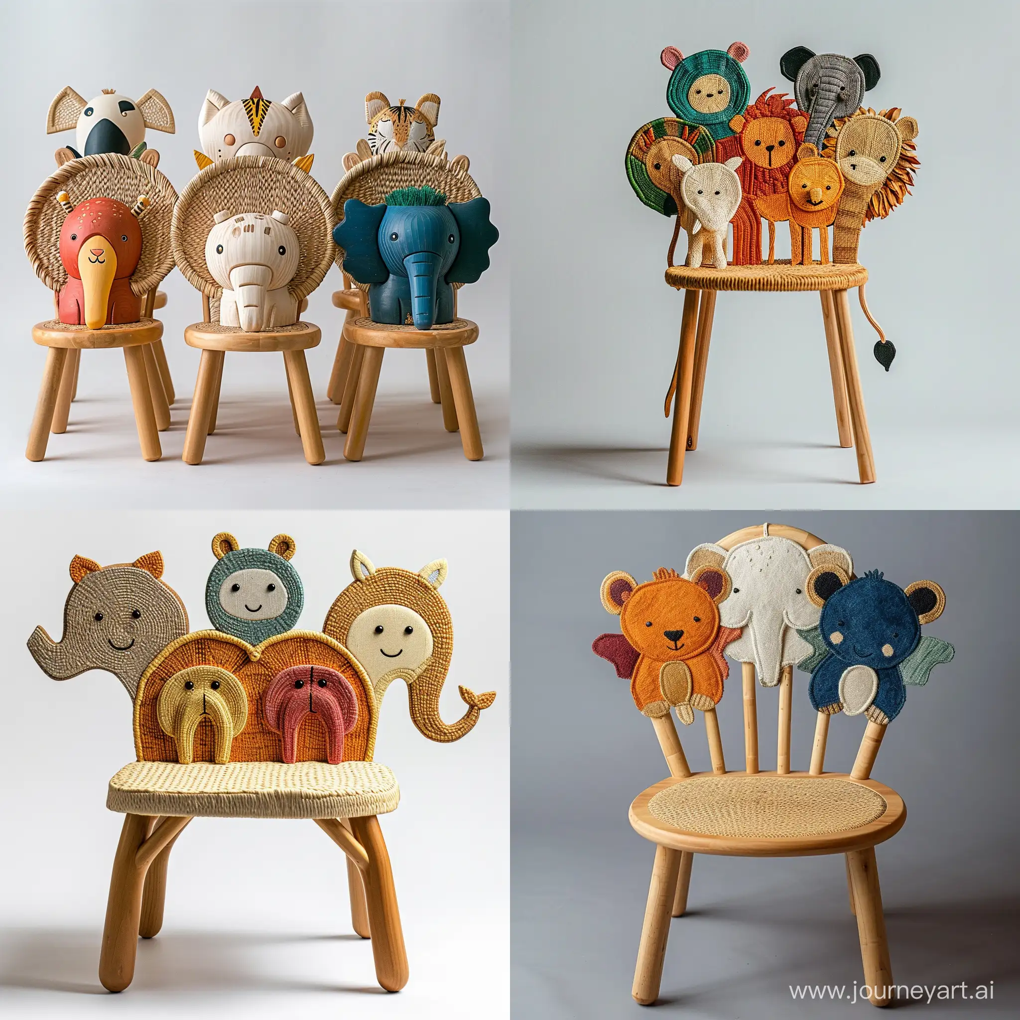 imagine an image of a sturdy children’s chair inspired by cute safari animals, with backrests shaped like different creatures. Use recycled wood for the frame and woven plant fibers for seating areas, depicted in colors representative of the chosen animals. The seat should stand approximately 30cm tall, built to educate about wildlife and ensure durability.realistic  style