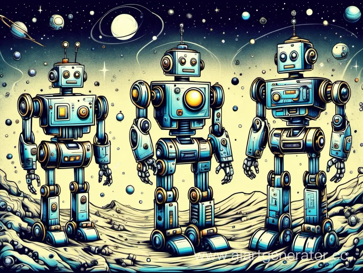 Нарисуй картинку с роботами для подростков. Роботы не страшные, дружелюбные с разными эмоциями. В каком нибудь космическом пространстве.