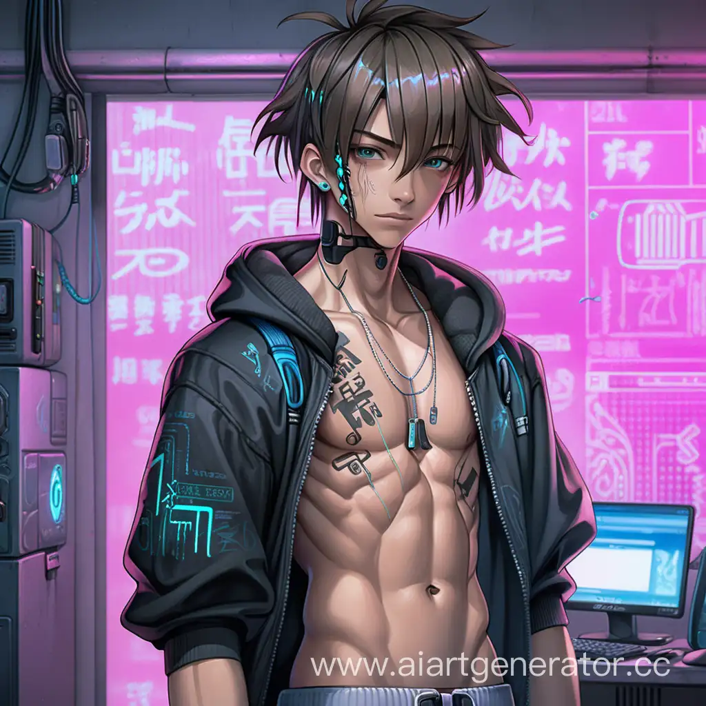 cyberpunk, boy, teenager, teenage boy, athletic build, short stature, messy hairstyle, dentures, hairstyle curtains, soft hair, visible torso, abs