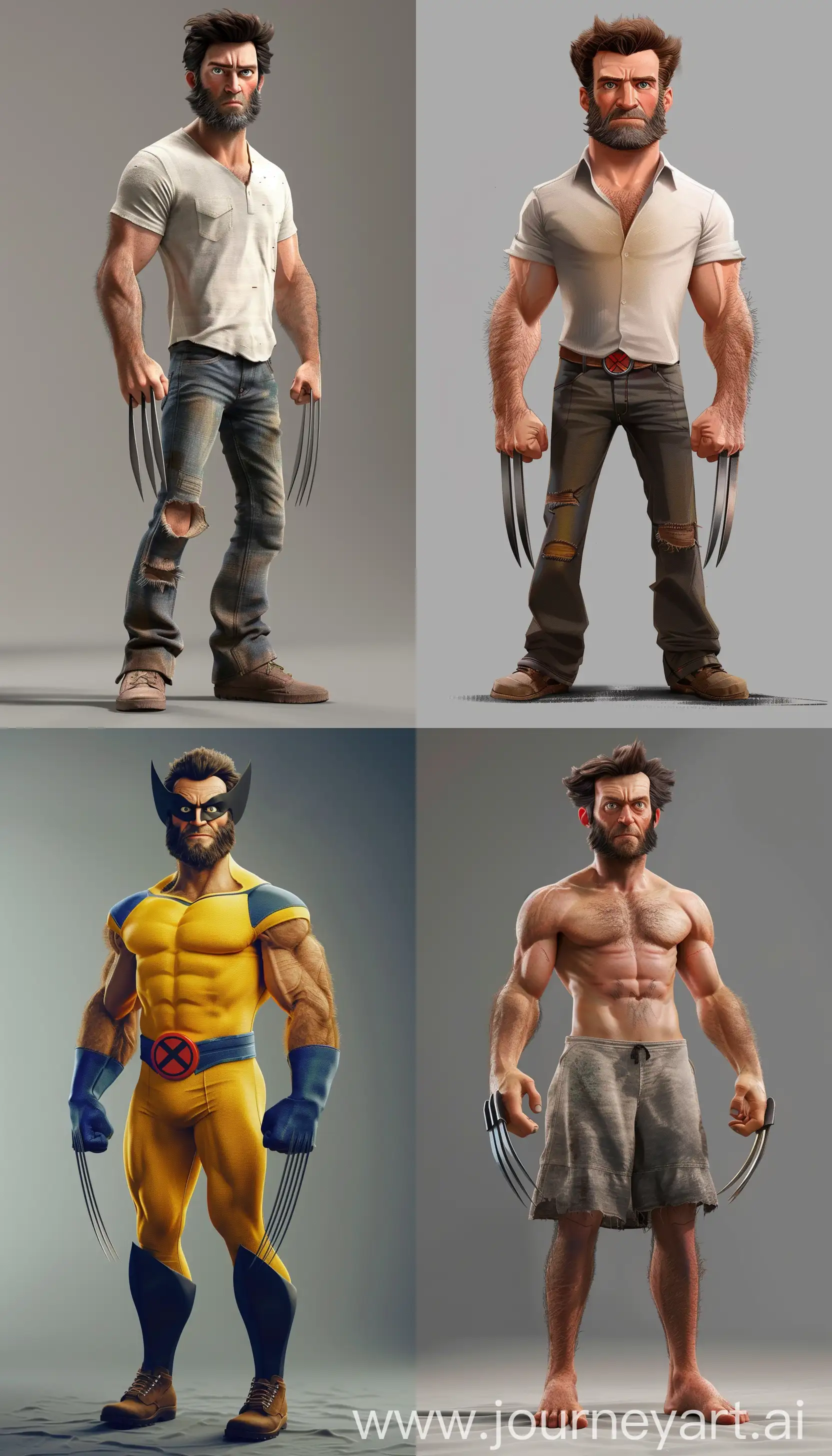 Hugh Jackman (Wolverine) as pixar character, grey background, full body --ar 4:7