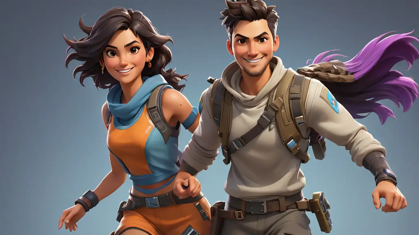 Description: There are two colorful male and female Fortnite character
Theme: the theme is sci-fi and no background
Action: He is running
they are fully clothed and the skin is matte and have dark hair,
they are smiling,
Caucasian
