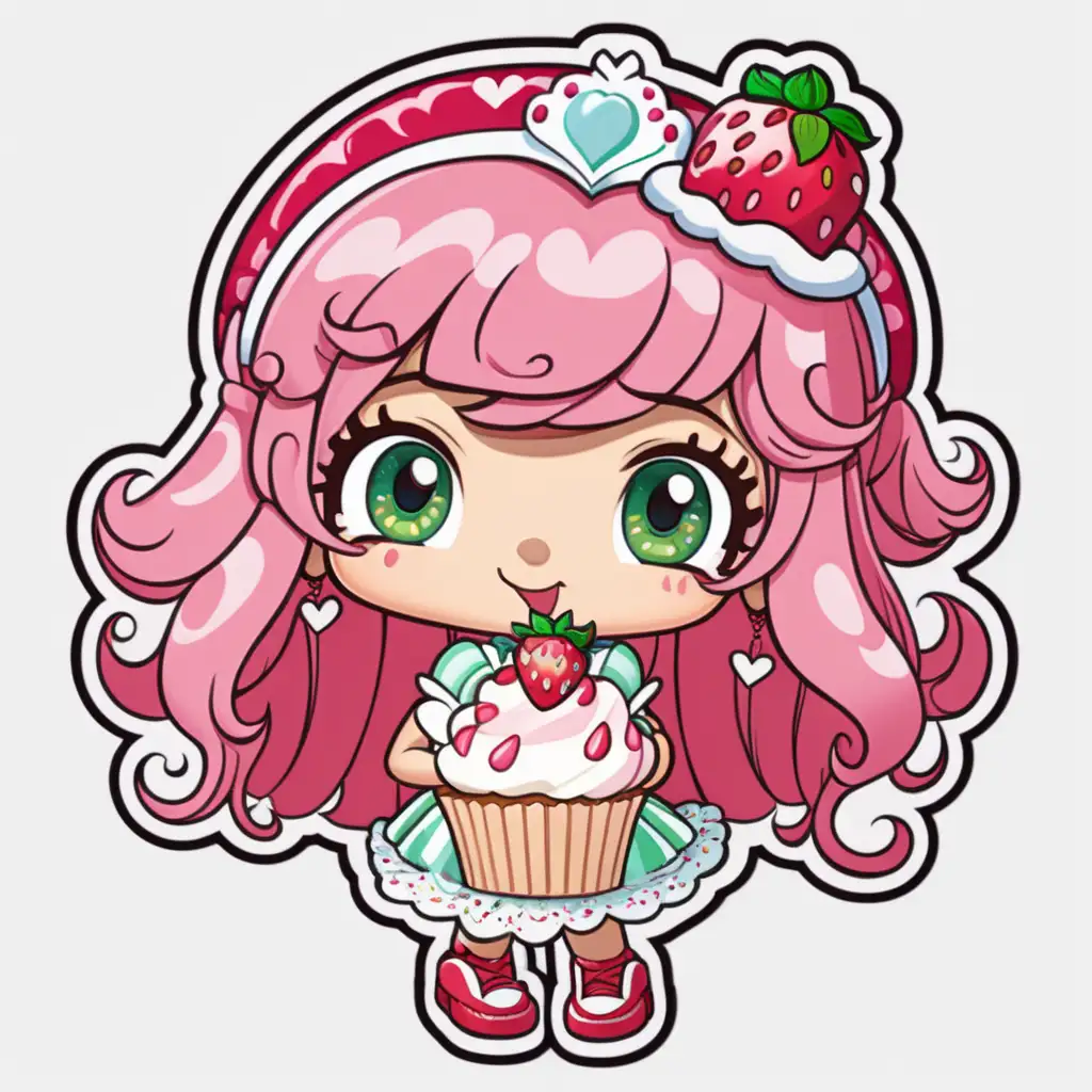valentine Sticker, strawberry shortcake ,green eyes,Delightful holding a cupcake with Sprinkles valentine,cartoon, contour, 
vector, white background