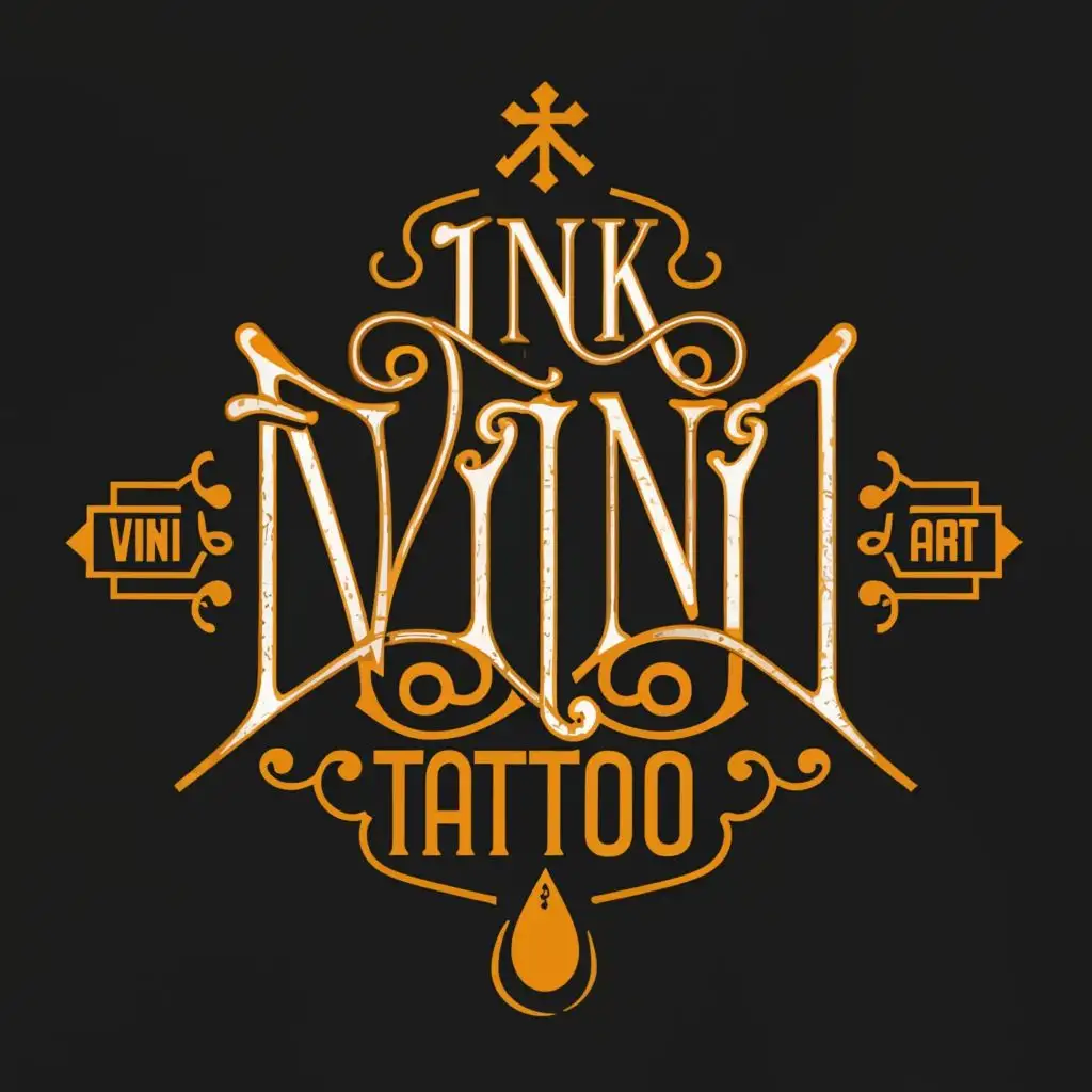 a logo design,with the text Ink Vini Art Tattoo, main symbol:a logo using a more modern aesthetic, futuristic, with gothic lettering, and short using black and orange colors, SOMETHING DISCREET RELATED TO TATTOO,Moderate,clear background