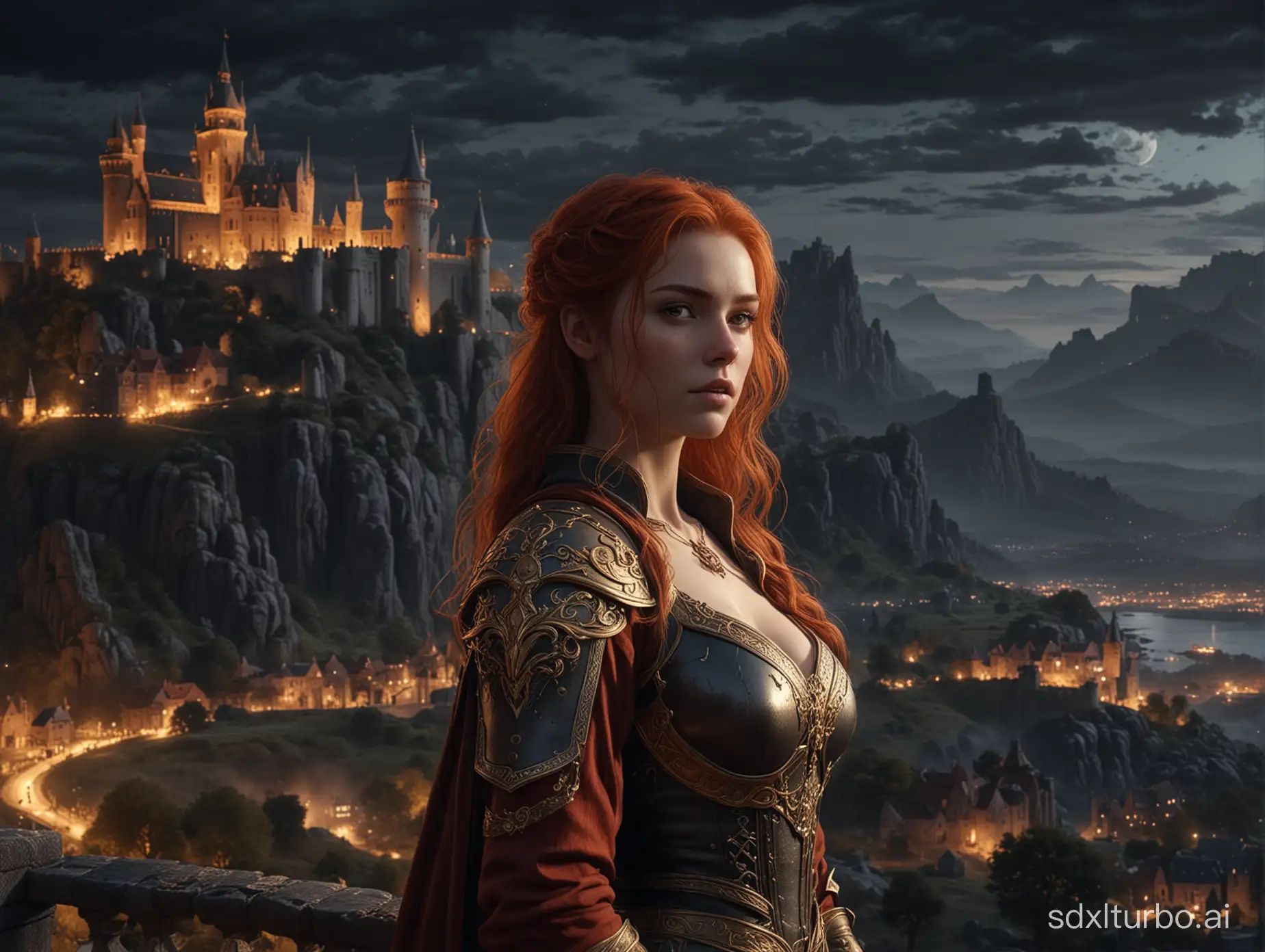 Elden ring landscape, castle, epic night, 8k, realistic fantasy, female angle character, red hair and gold glotess, in the Middle front of the landscape