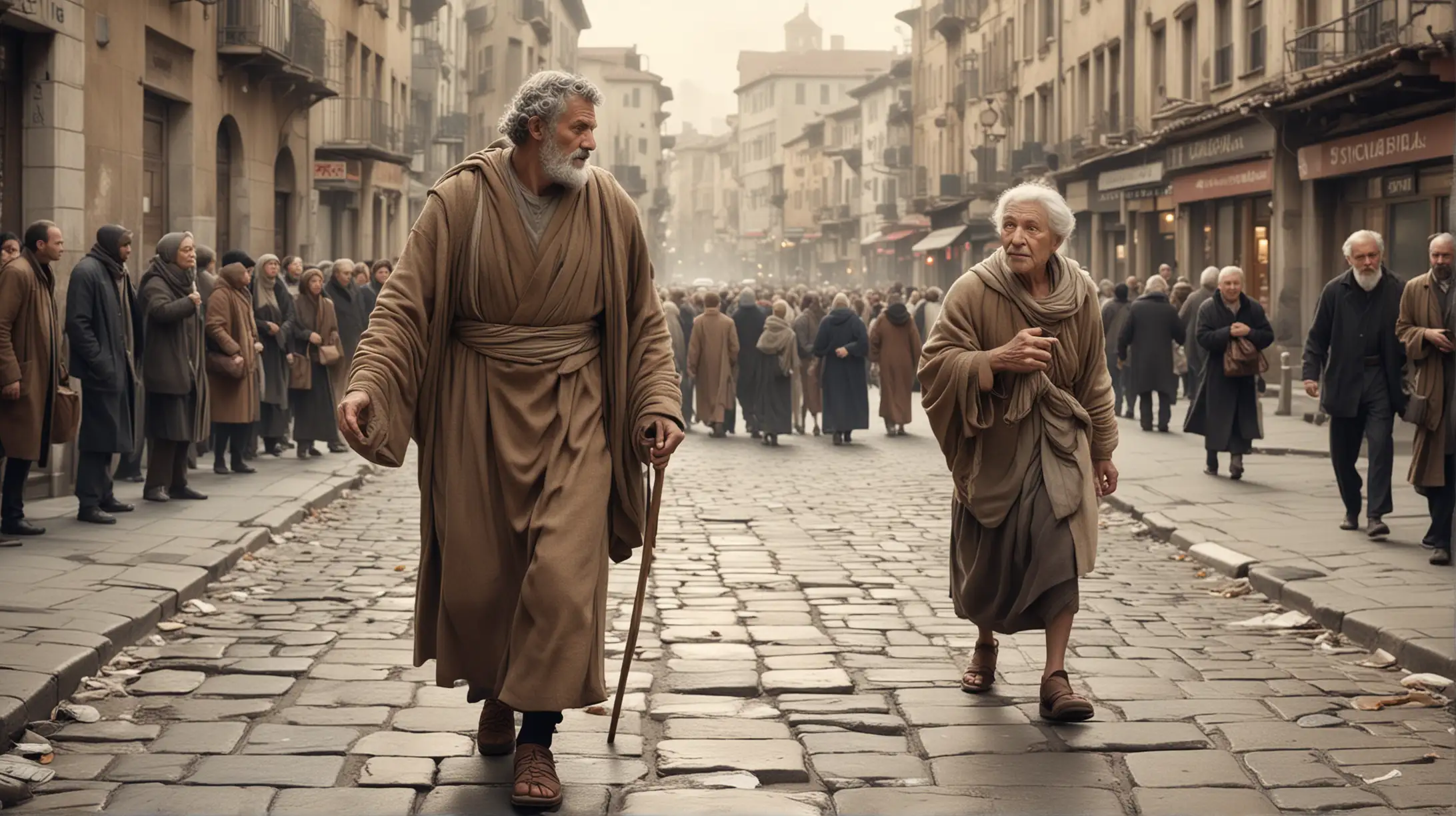 Generate Visuals of Stoic Virtues in Action:
 Illustrate stoic virtues in action with an image of a stoic philosopher helping an elderly person cross a bustling city street. The philosopher's strength and compassion are evident as they offer support to the frail individual, embodying the virtues of benevolence and kindness amidst the chaos of urban life.