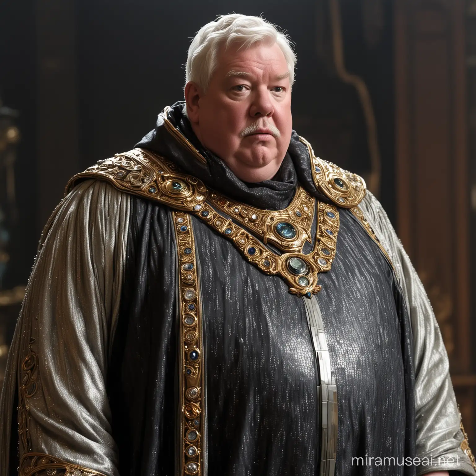 An obese Richard Griffiths as a galactic senator wearing opulent futuristic robes