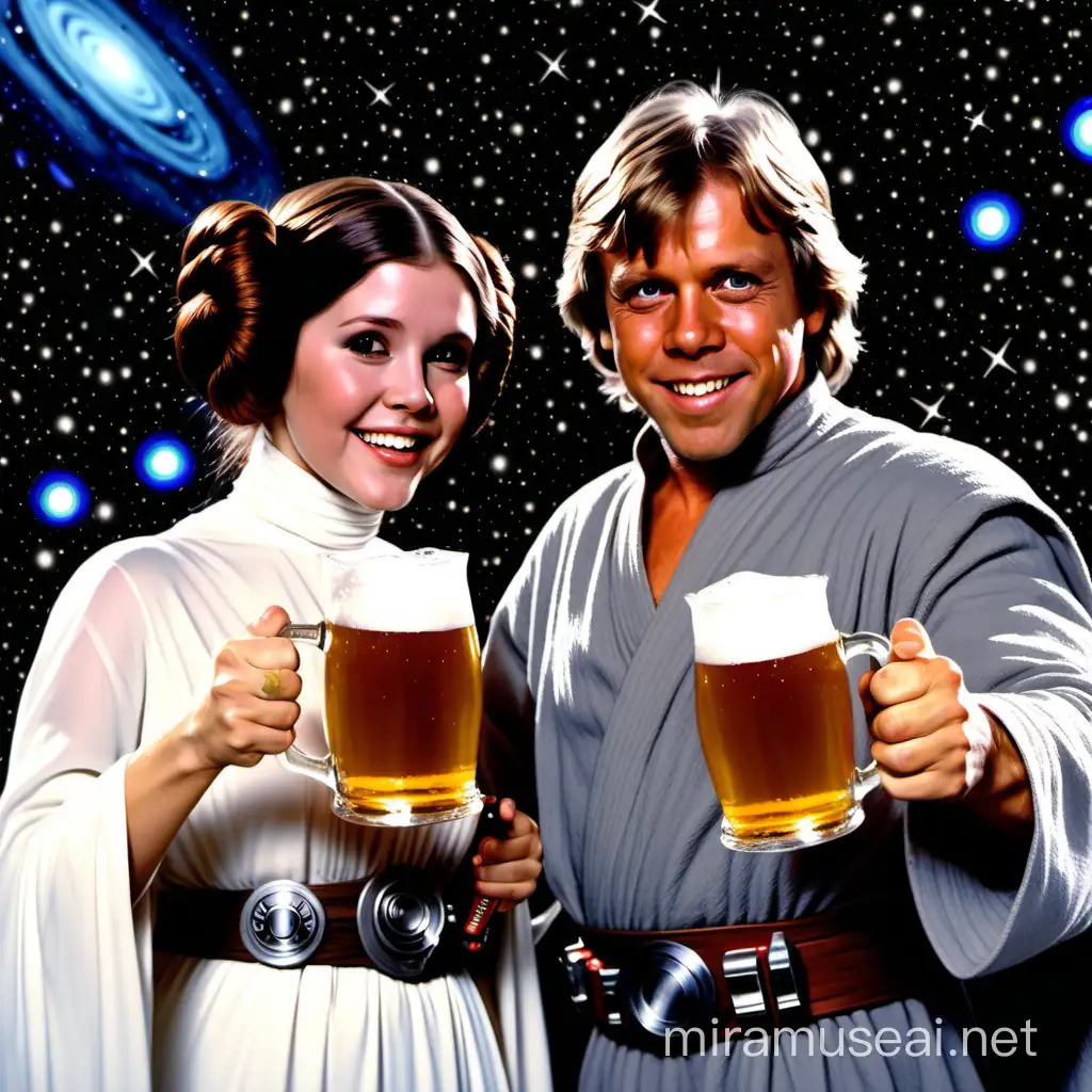 luke skywalker and princess leia drinking beers with space stars in the background. They are giving a cheers and clinking their foaming glass mugs of beer together with big smiles and looking at the camera