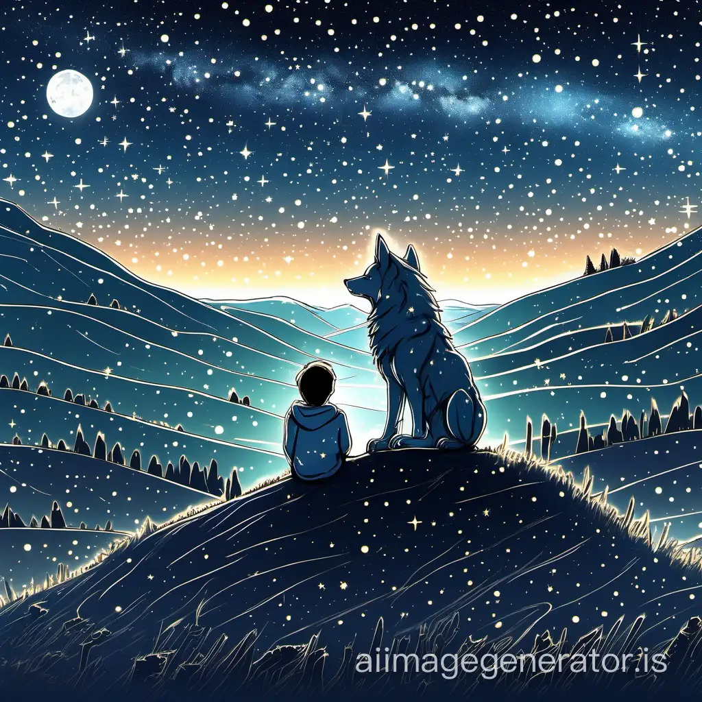A starry transparent wolf sitting on the hill under starry night skies next to a human kid, both watching stars above them