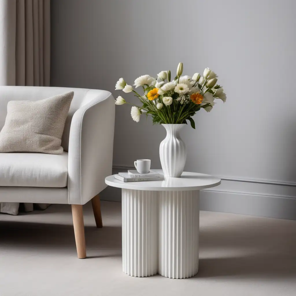 Contemporary Living Room White Side Table with Fluted Leg and Flower Vase
