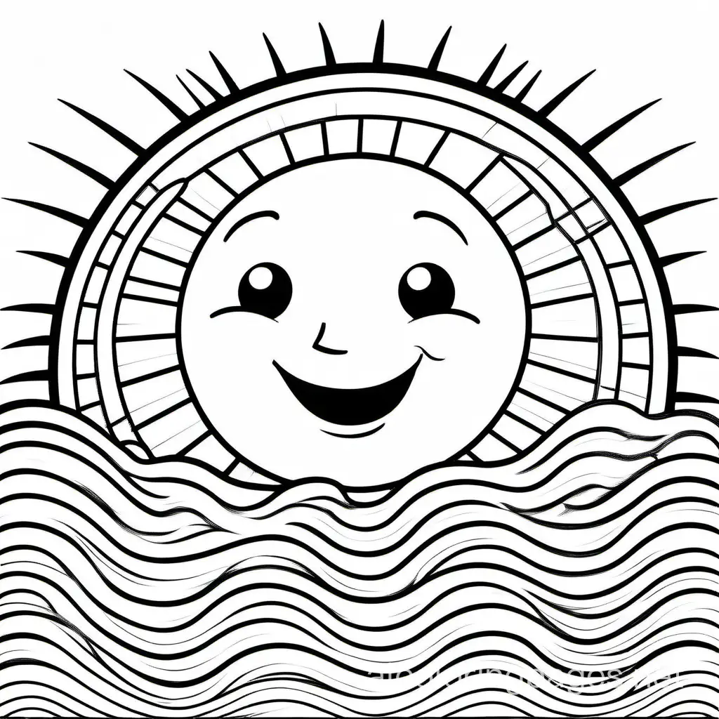 a happy sun in the beach, Coloring Page, black and white, line art, white background, Simplicity, Ample White Space. The background of the coloring page is plain white to make it easy for young children to color within the lines. The outlines of all the subjects are easy to distinguish, making it simple for kids to color without too much difficulty