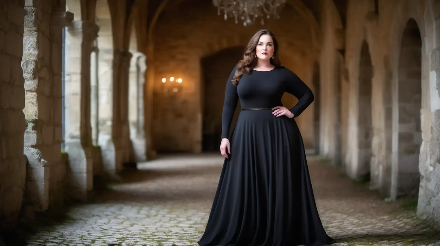 beautiful, sensual, classy elegant plus size model wearing a round neck black dress with a slightly flared skirt that ends just below the ankles, slightly flared long skirt, skirt is made from the same black fabric as top, fitted black bodice, deep round nec  bodice, long fitted sleeves, empire defined waistline with a waistband tonal to the dress, hair is flowing, luxury photoshoot inside a magical winter castle in France, winter decorations inside the rooms in the castle, antique background