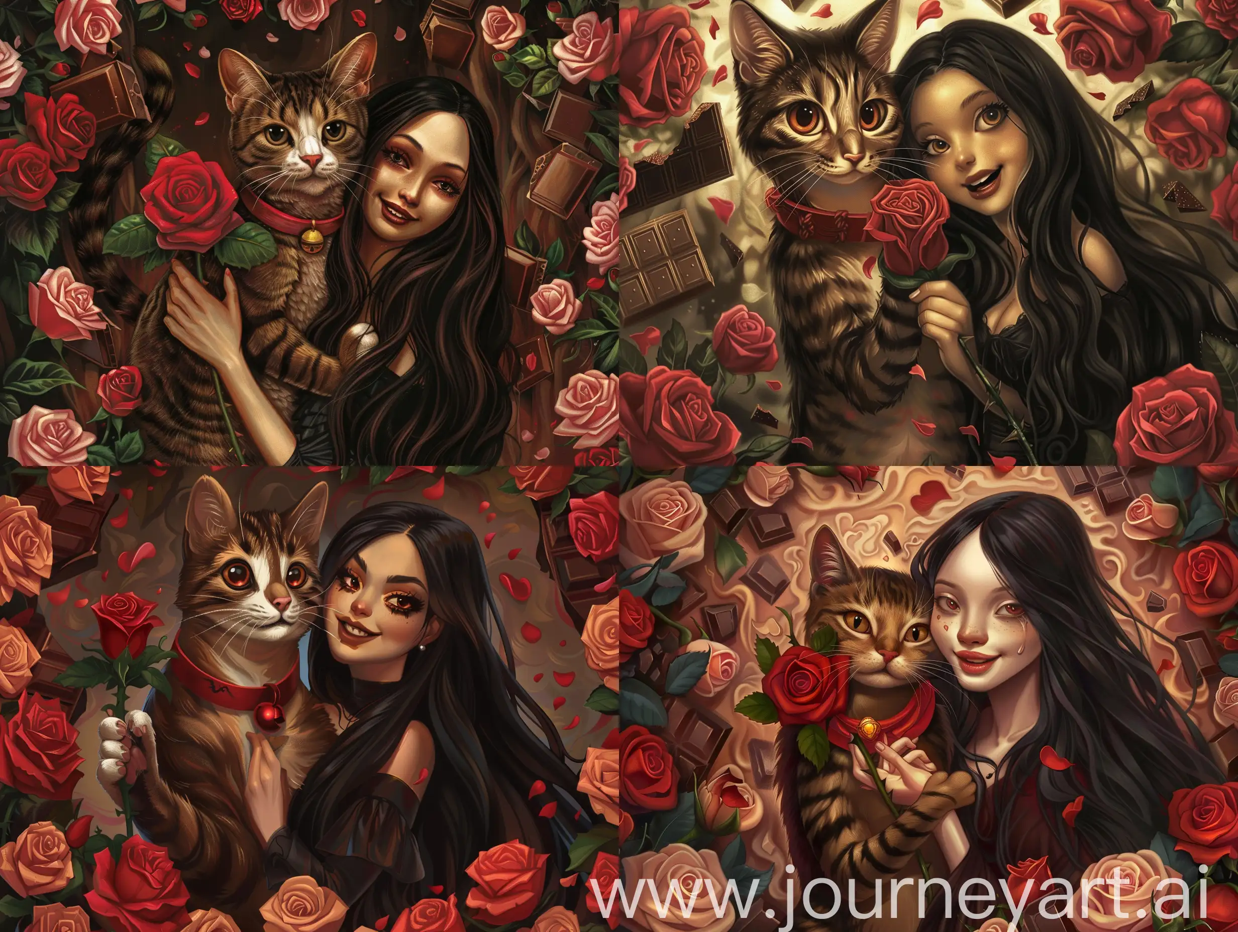 A tabby cat with a red rose around his neck, his hand holding a rose, is standing with a woman with long black hair. The woman has a happy face. And the two of them were standing and hugging each other. There is a background of roses and chocolate.