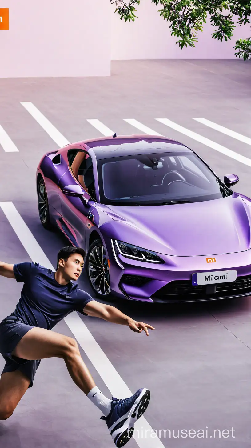Xiaomi Car Advertisement Featuring Realistic 3D Purple Vehicle with Brand Logo and Accessories