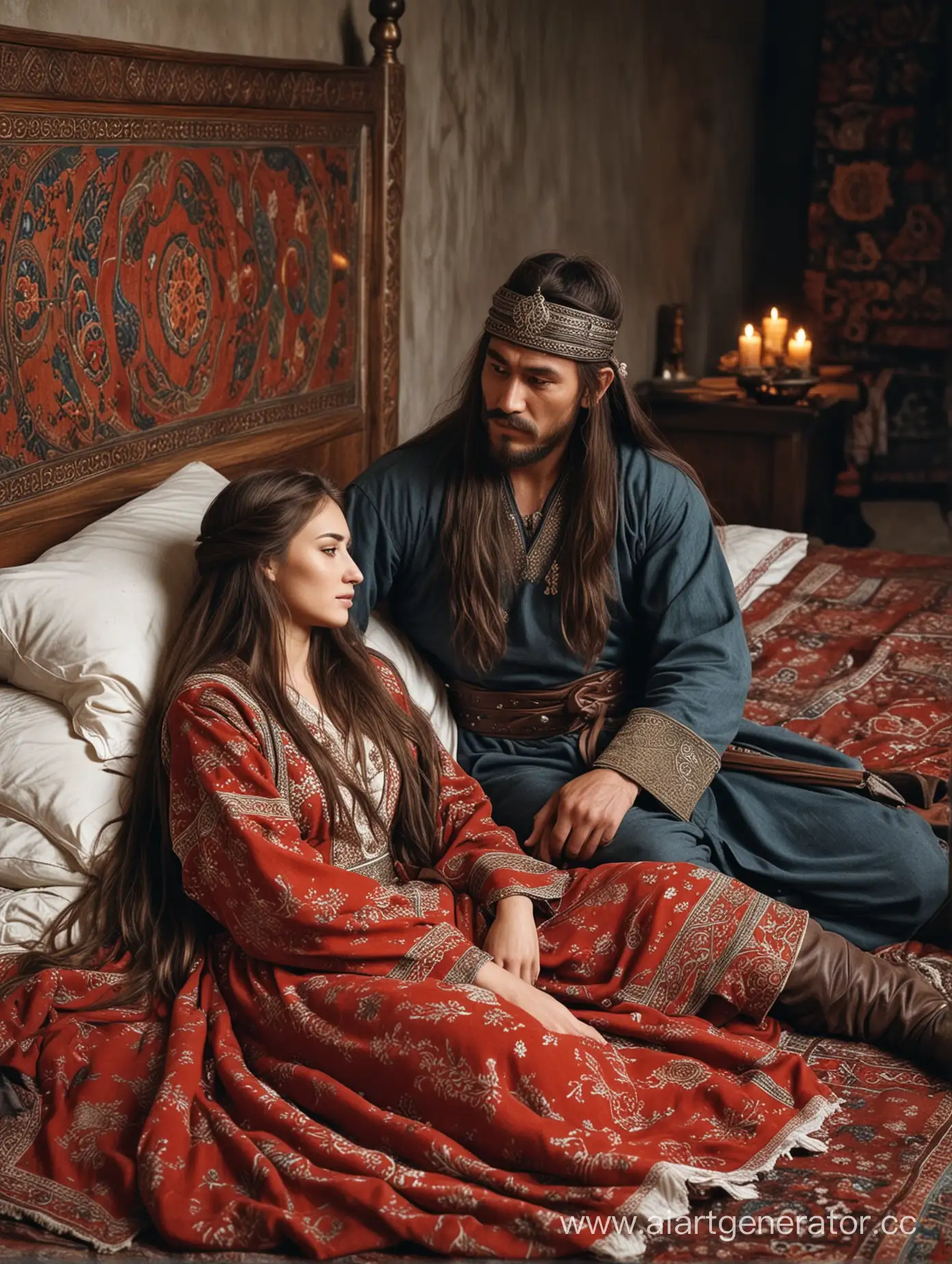 Turkic-Warrior-Comforts-Beloved-Mordvin-Girl-Beside-Bed
