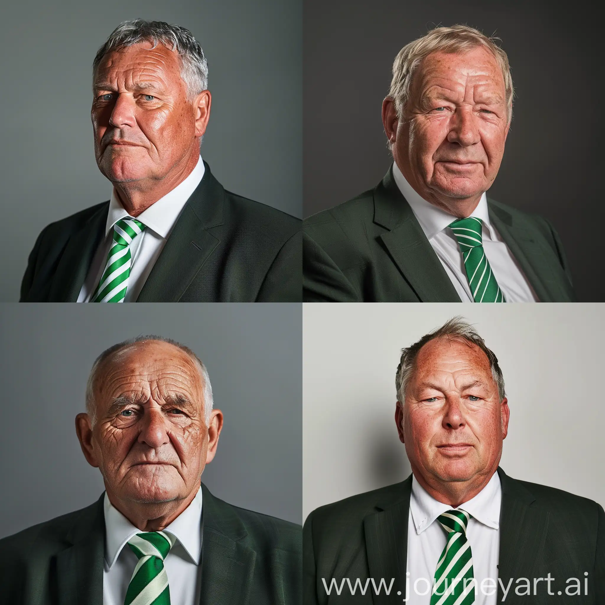 Realistic profile photo of the chairman of the football club Waltham Abbey. He is of British origin, in his fifties, slightly overweight. Suit and tie, green and white striped tie. In the style of facepack for game football manager 22.
