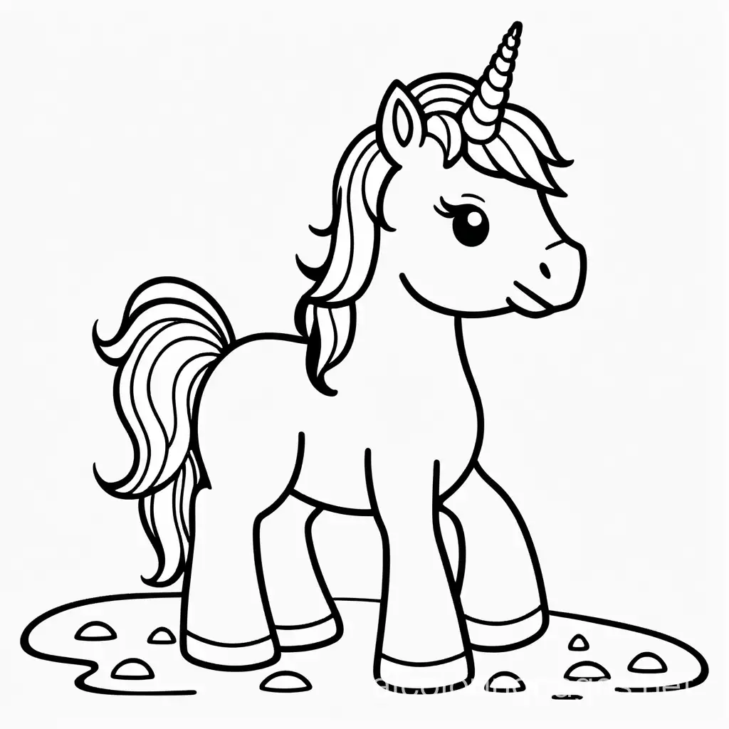 Full body simple cute baby shimmering sand unicorn , Coloring Page, black and white, line art, white background, Simplicity, Ample White Space. The background of the coloring page is plain white to make it easy for young children to color within the lines. The outlines of all the subjects are easy to distinguish, making it simple for kids to color without too much difficulty