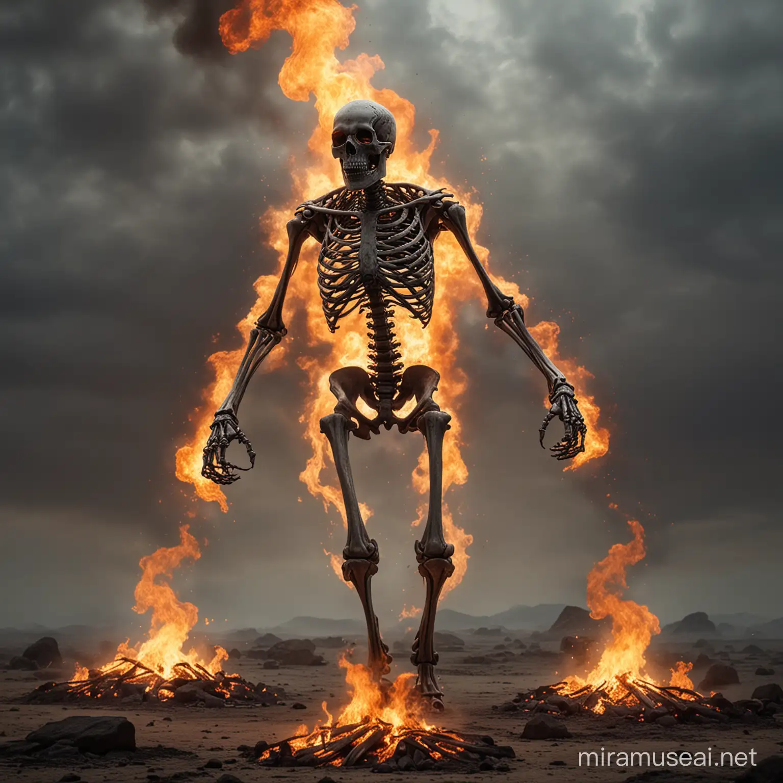 burning Skeleton walking, rage, fire, mysthic cloudy 
background