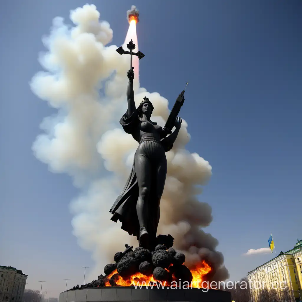 Kiev monument Motherland is burning from a rocket hit