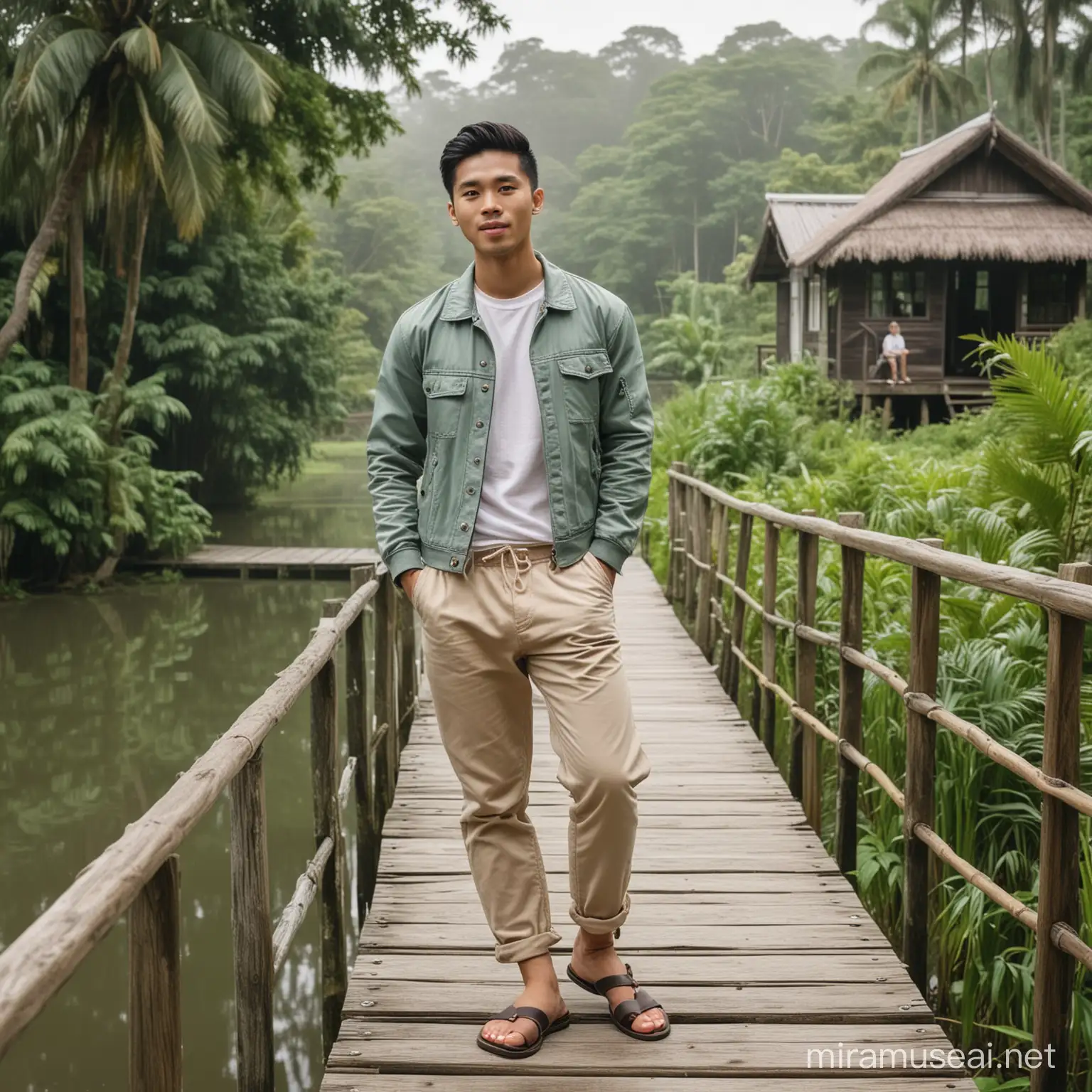 24 year old young Asian man, clear face, wearing jacket, beige pants, wearing sandals, standing with a beautiful woman with black hair on a bridge railing, the background is a wooden hut located in the middle of a lush tropical forest. The cottage stands on a pond with clear water, surrounded by large trees and green plants, bright foggy weather during the day.
