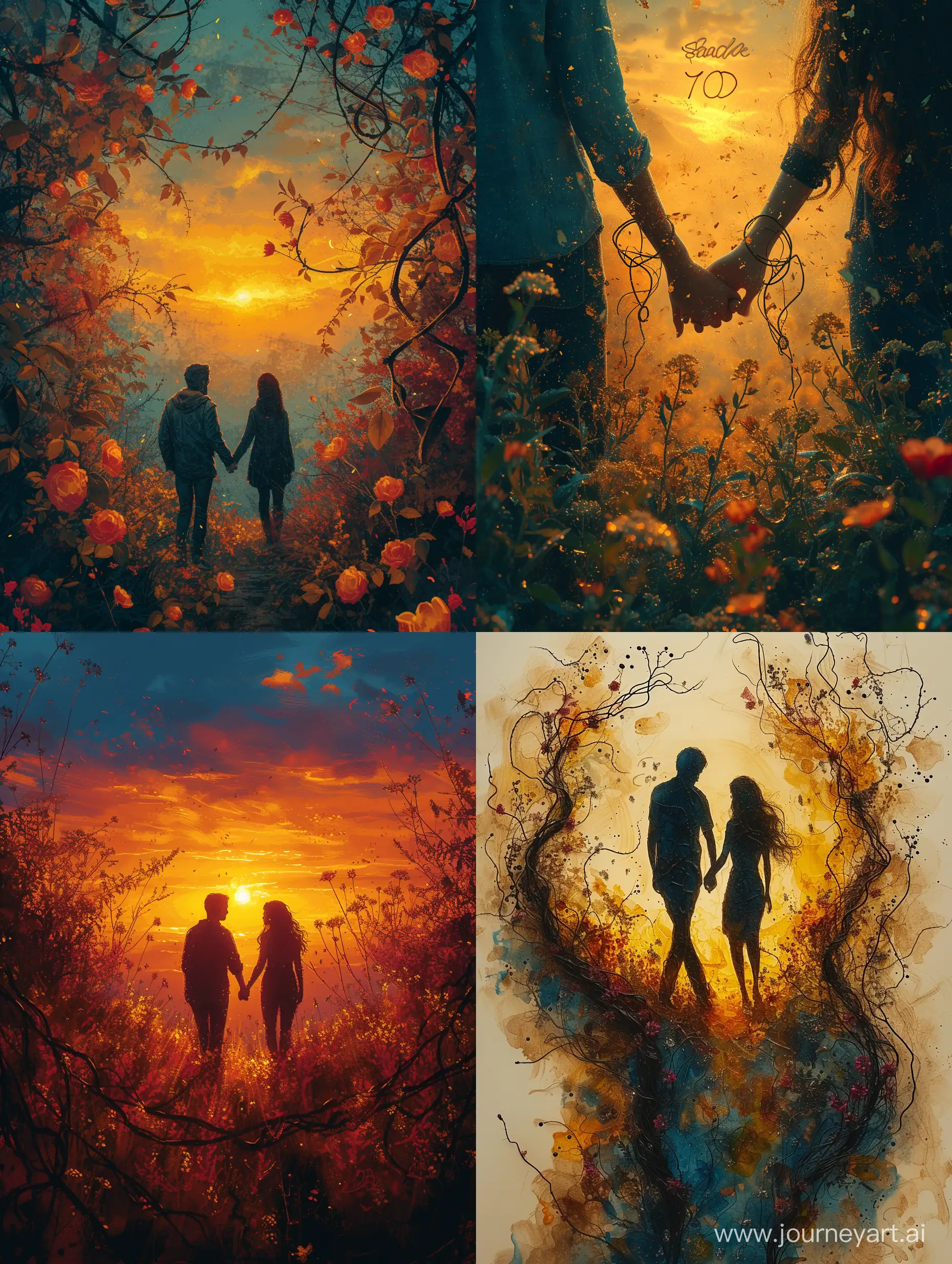 Generate an image that represents the song "Pishe To" by Shadmehr Aghili. The image should capture the emotions of love, longing, and devotion expressed in the lyrics. Use warm and vibrant colors to convey a sense of passion and affection. Incorporate elements like a couple holding hands, symbolizing the strong bond between two individuals. Add a backdrop of a beautiful sunset or a scenic landscape to evoke a romantic atmosphere. Include subtle details like intertwining vines or flowers to represent the growth and beauty of the relationship. Ultimately, the image should evoke a sense of love, connection, and the willingness to go to great lengths for the beloved. --s 750