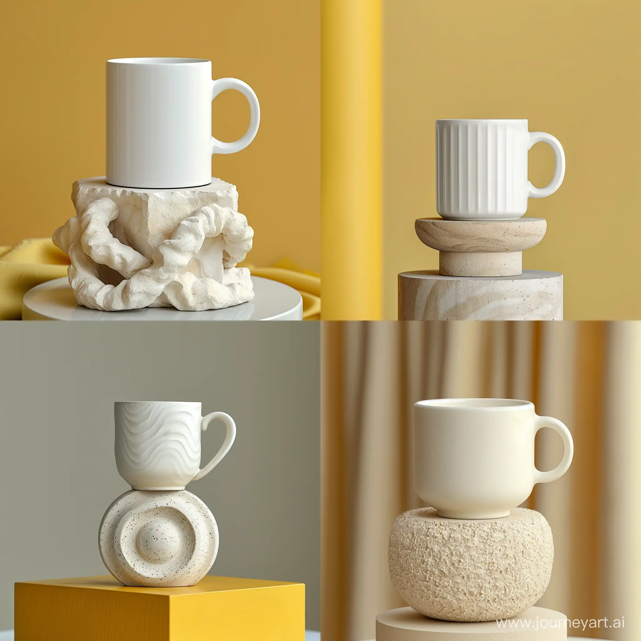 A white mug mockup on top of a minimalist sculpture, soft yellow color, still life --s 500 