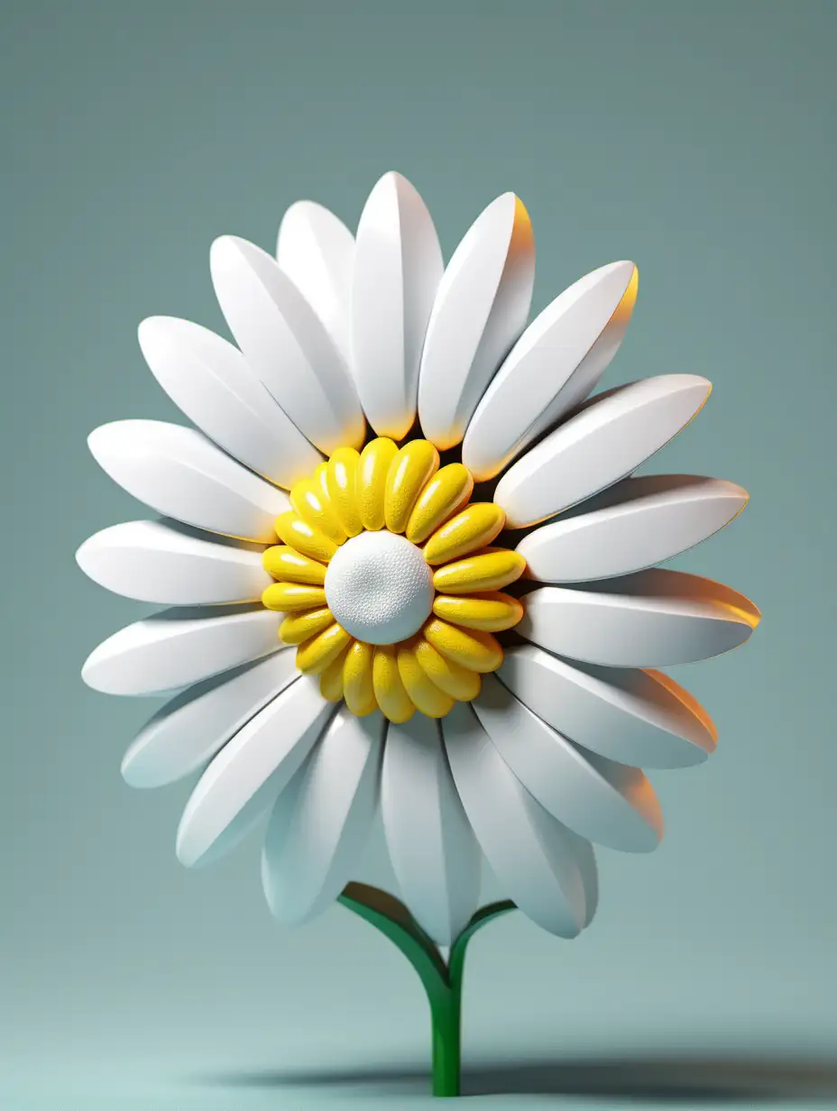 Design a cheerful 3D representation of a daisy, emphasizing the simplicity of the flower's white petals and the vibrant yellow center. Consider different perspectives to convey the freshness and innocence of daisies.