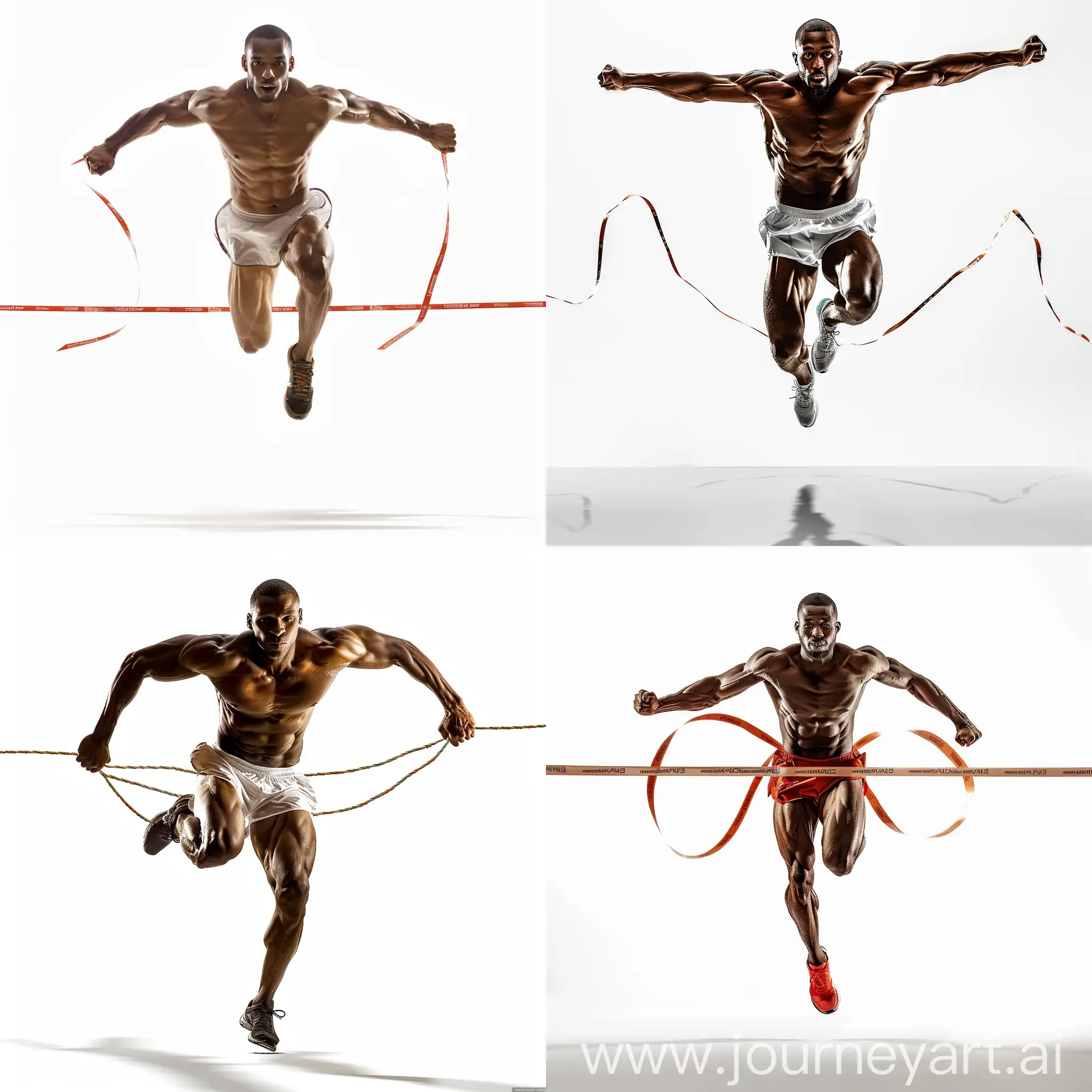 a runner jumping to the finish line, he is trying hard to win the race, front view, natural skin color, natural skin tone, front hard light, realistic, real person, stock image, white background, focus on body, front hard light, hard light, clear body