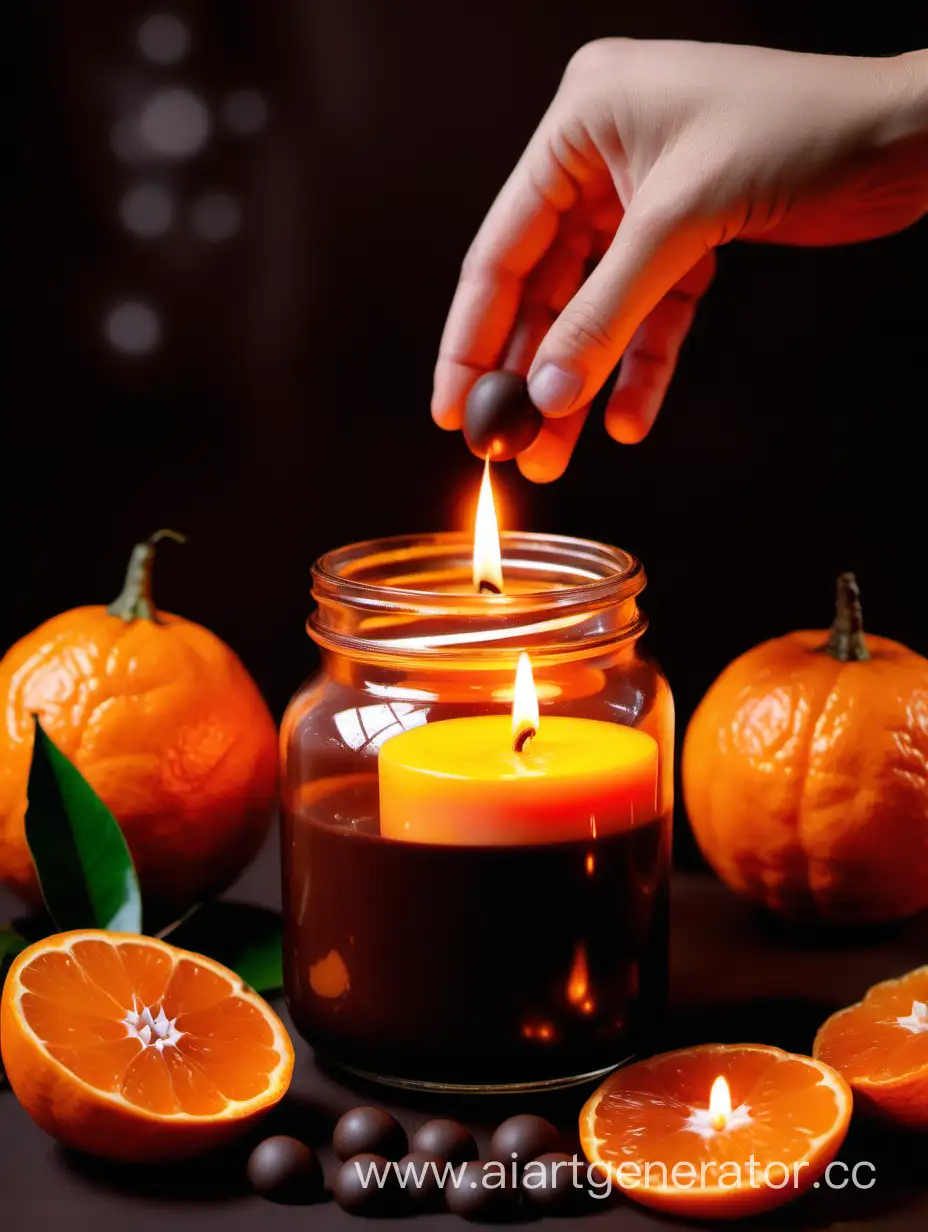 рука держит банку со свечой внутри на фоне мандаринов и жидкого шоколада